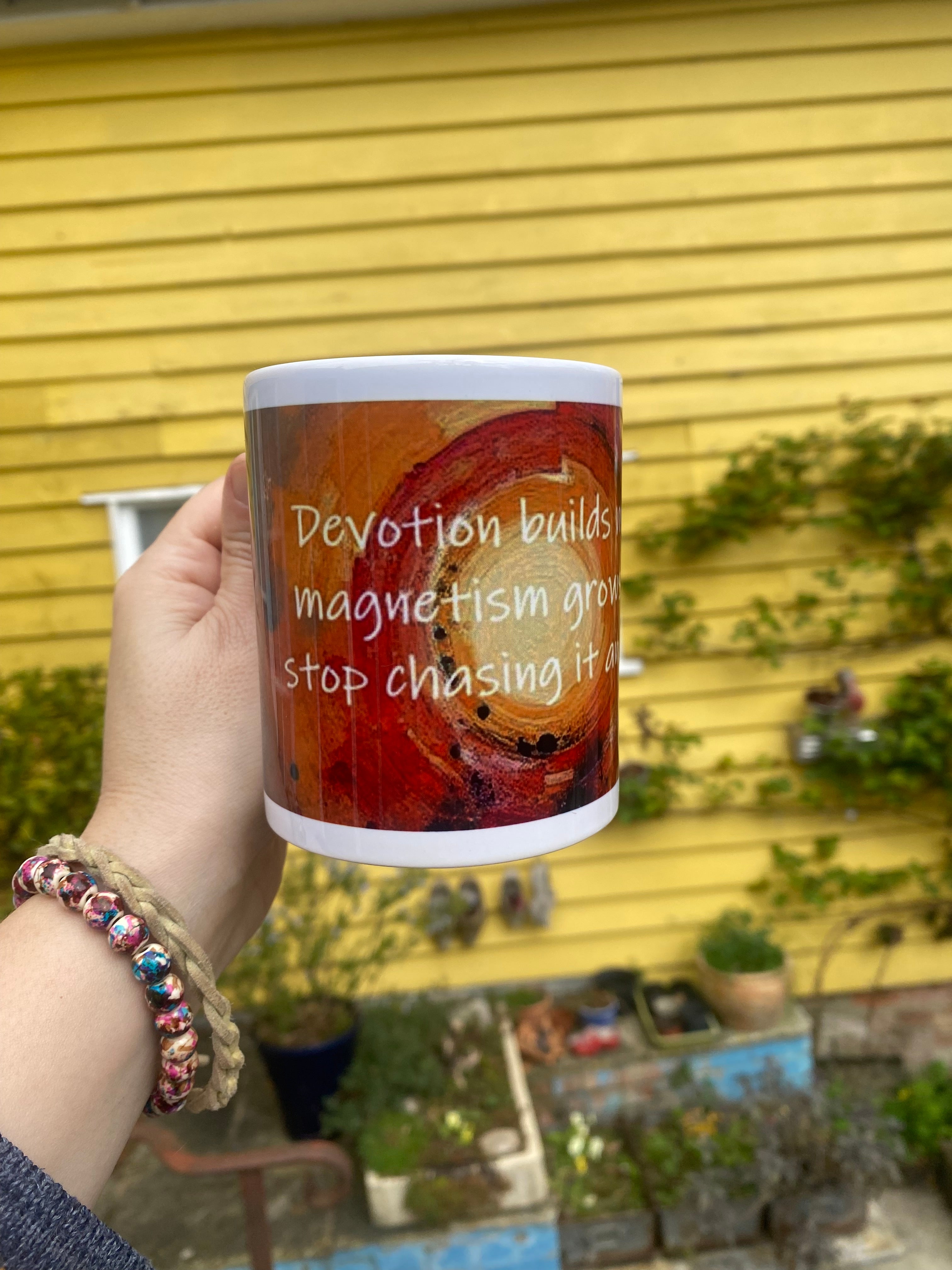 Devotion builds momentum, inspirational printed mug, from original art work, abstract art, motivational, spirituality, quote (9oz/ 250ml)