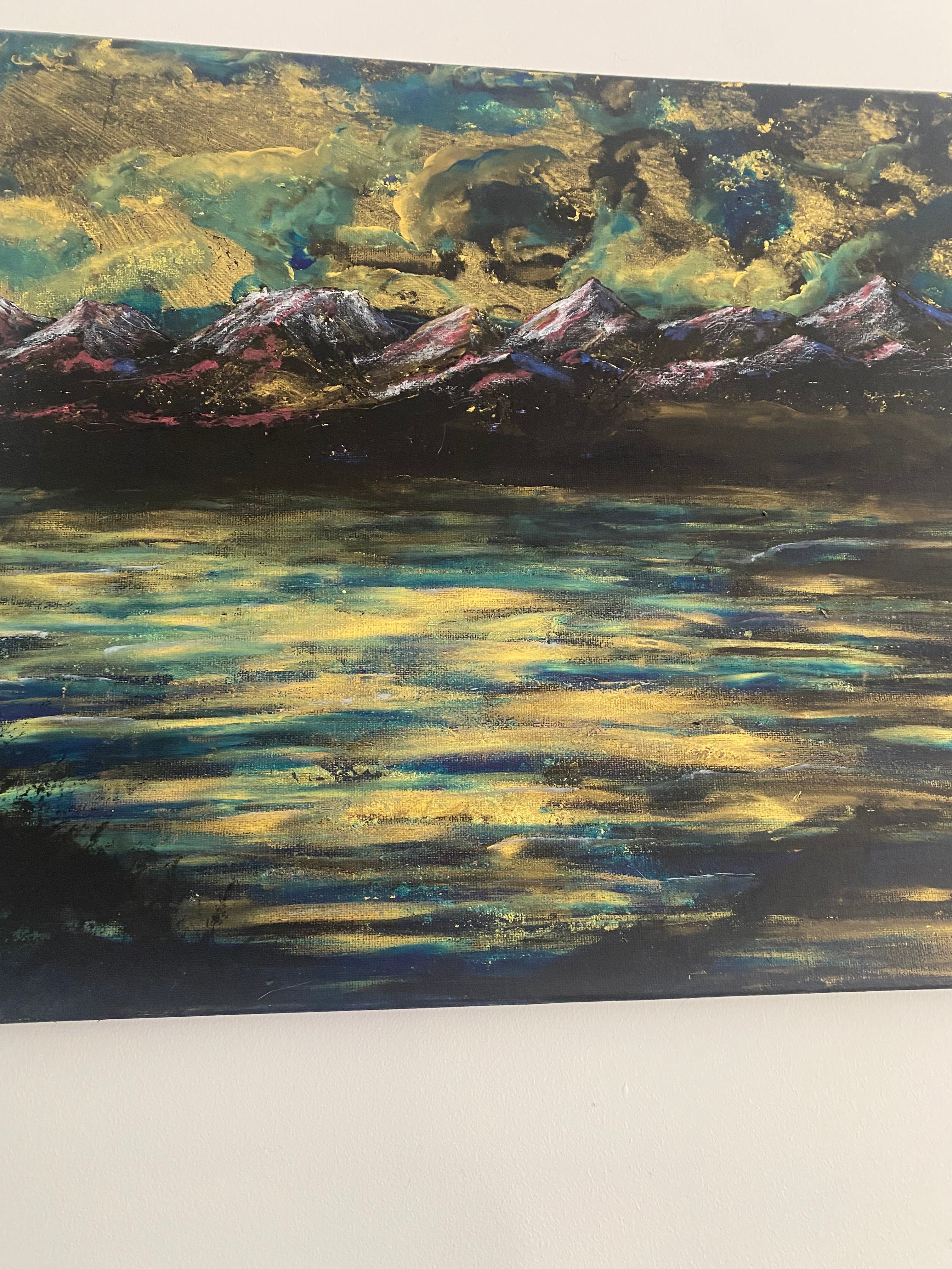 Water’s Memory of Sky - Original Acrylic Painting, gold and blue sunset over mountains
