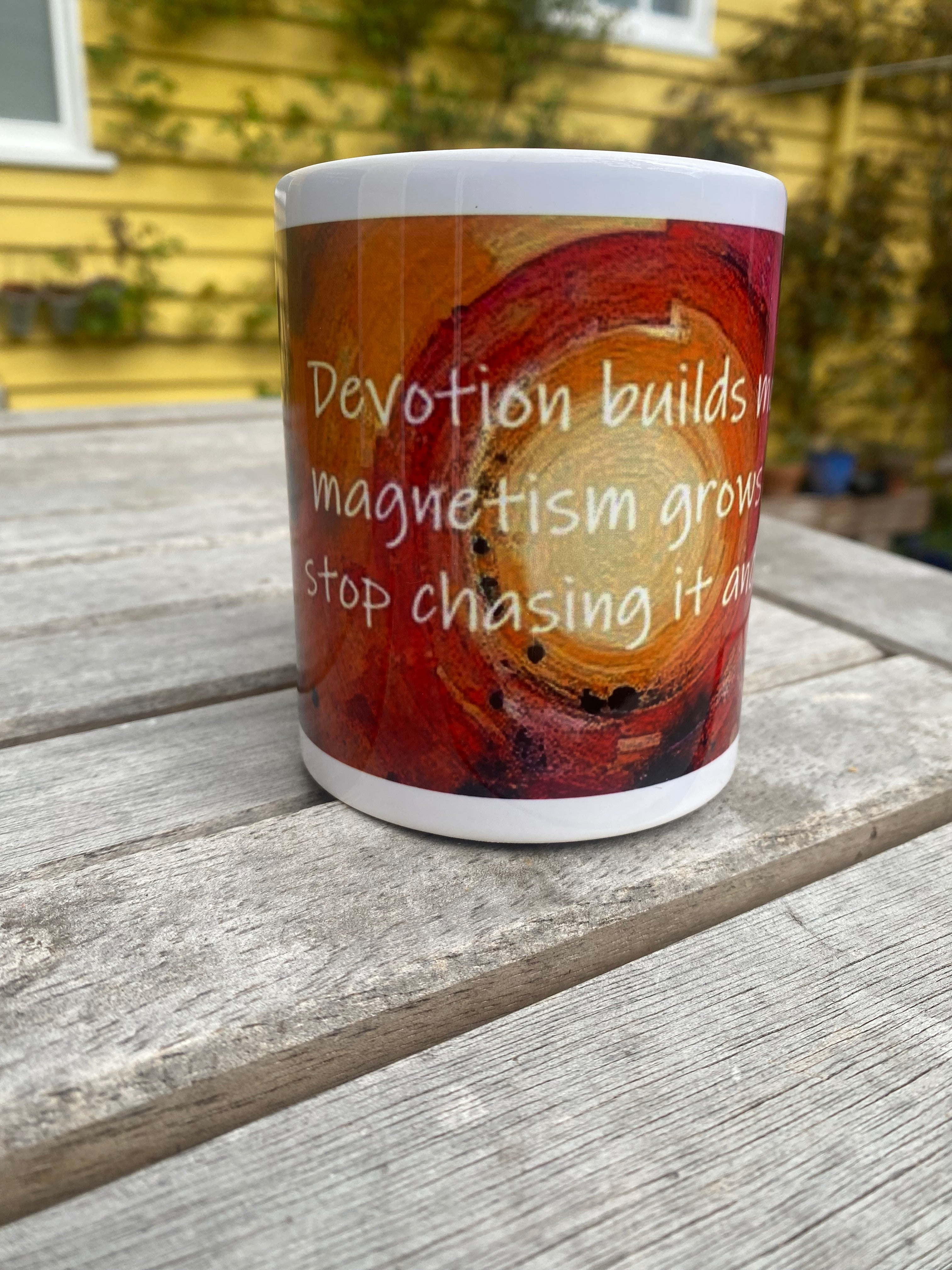 Devotion builds momentum, inspirational printed mug, from original art work, abstract art, motivational, spirituality, quote (9oz/ 250ml)