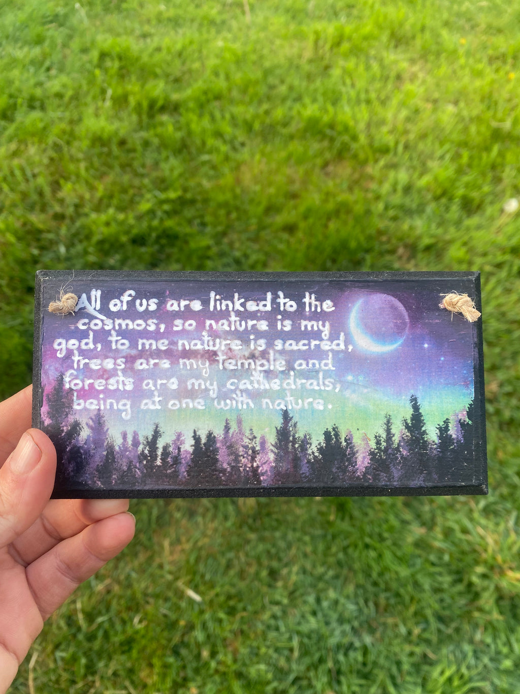 “All of us are linked to the cosmos…being at one with nature” – Hand‑Painted Wooden Plaque