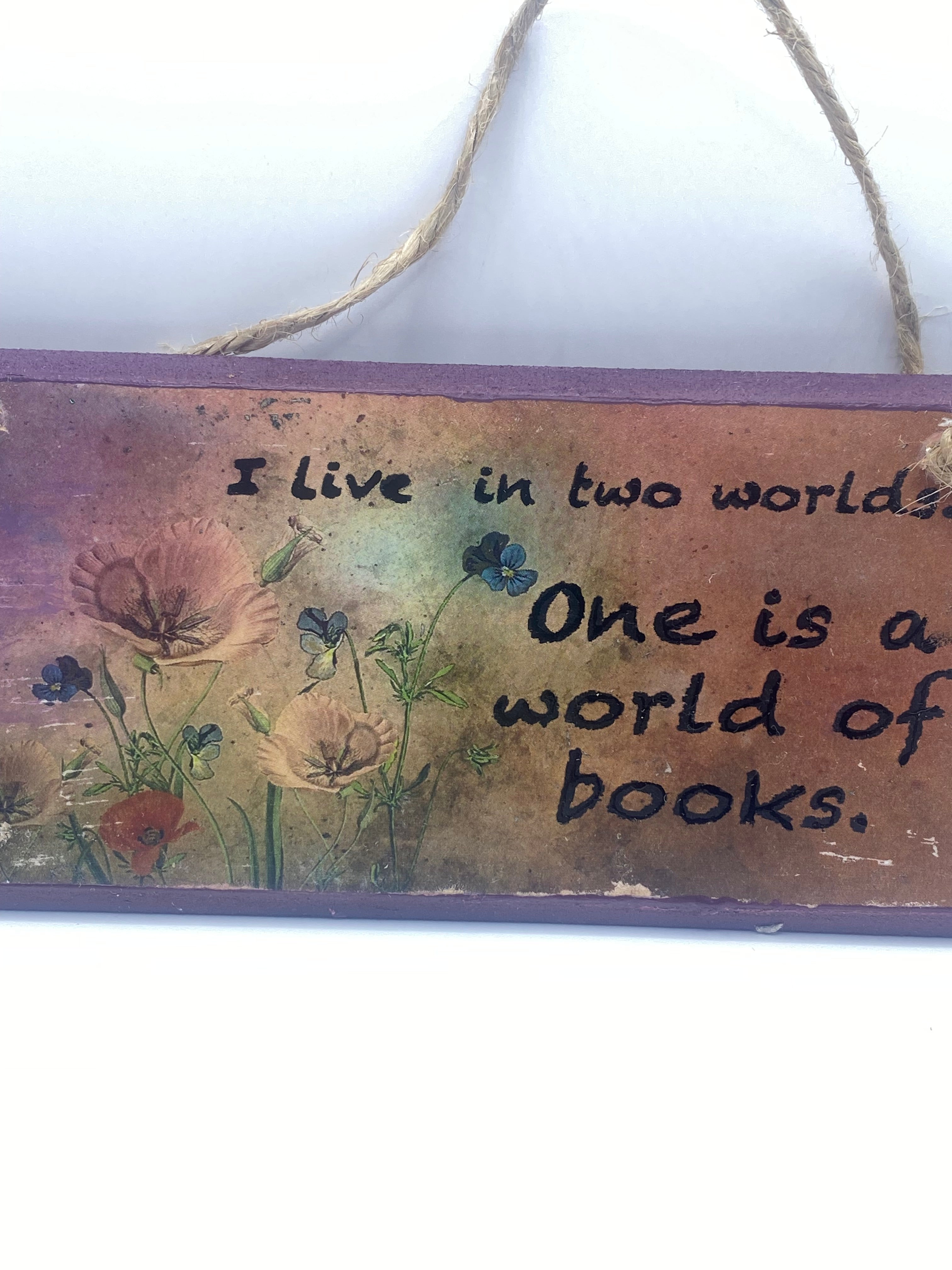 Hand‑Painted Wooden Plaque – “I live in two worlds, one is a world of books” ~ Gilmore Girls inspired Bookish Quote (6x3", 7x4”, 8x4”)