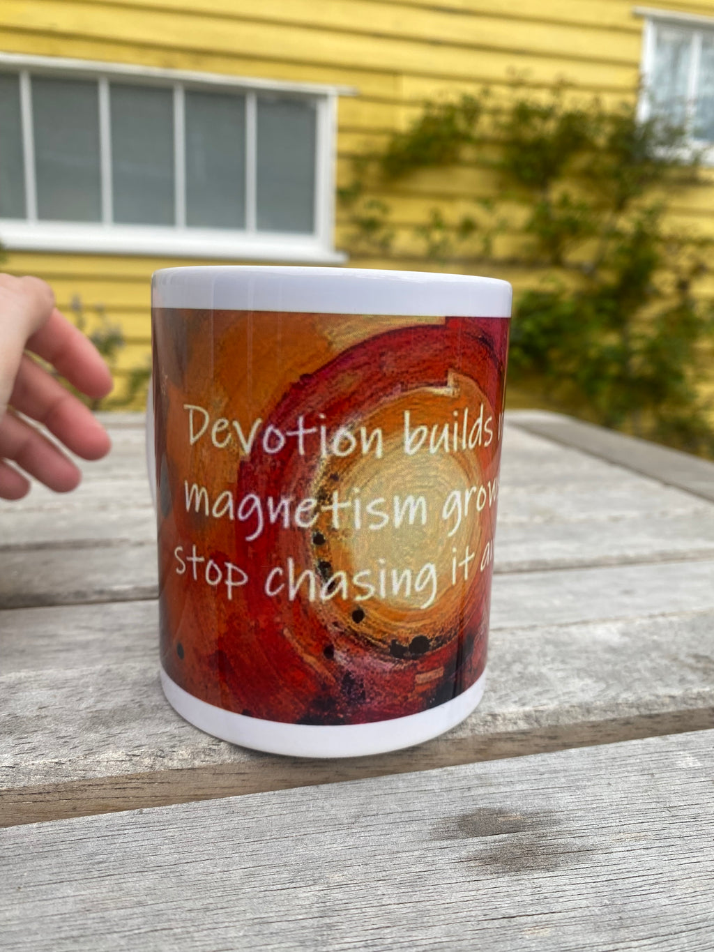 Devotion builds momentum, inspirational printed mug, from original art work, abstract art, motivational, spirituality, quote (9oz/ 250ml)