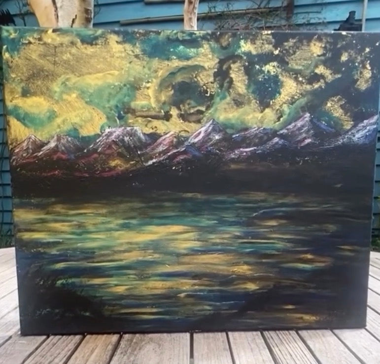 Water’s Memory of Sky - Original Acrylic Painting, gold and blue sunset over mountains