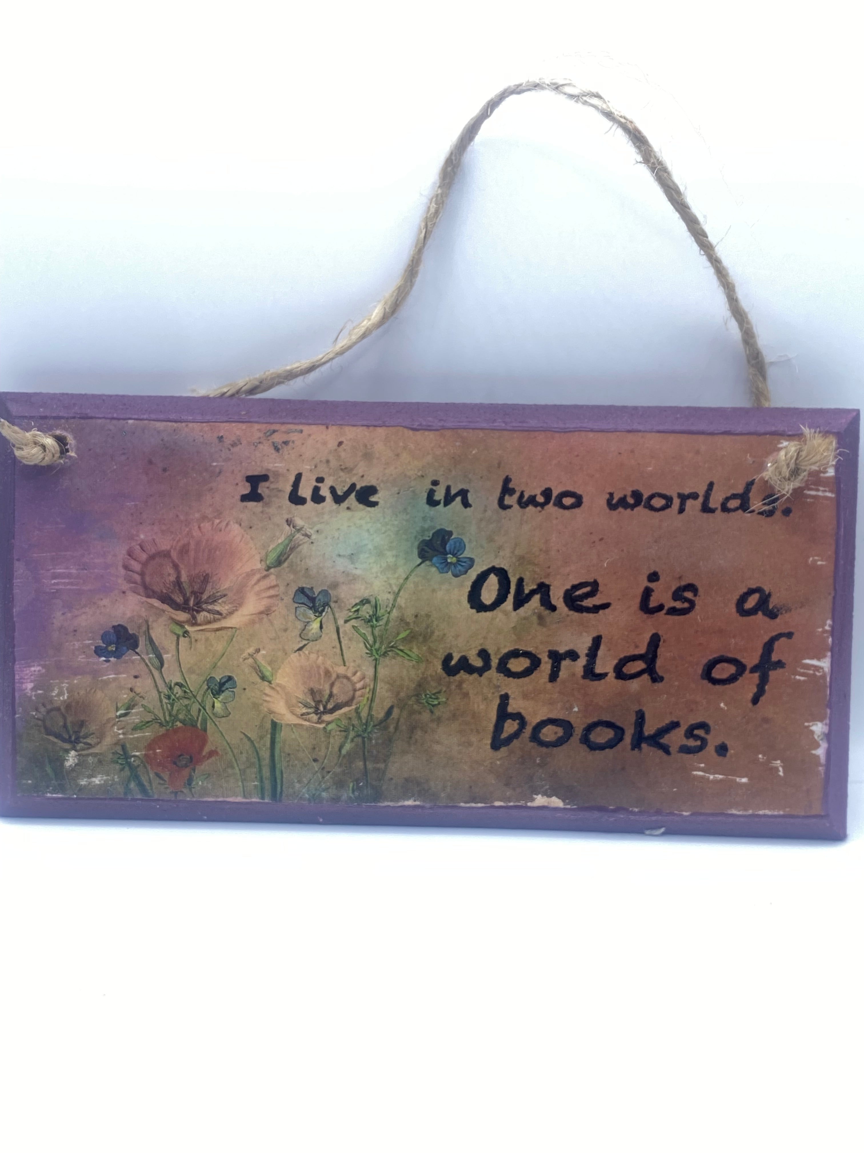 Hand‑Painted Wooden Plaque – “I live in two worlds, one is a world of books” ~ Gilmore Girls inspired Bookish Quote (6x3", 7x4”, 8x4”)
