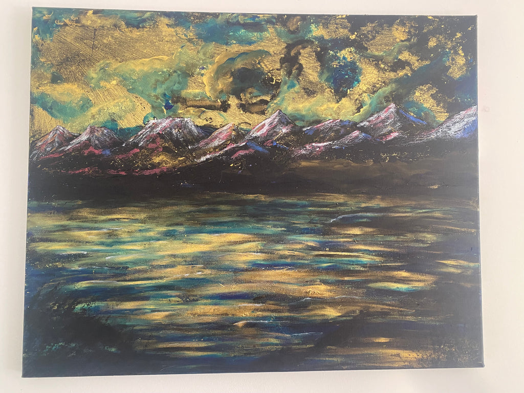 Water’s Memory of Sky - Original Acrylic Painting, gold and blue sunset over mountains