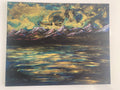 Water’s Memory of Sky - Original Acrylic Painting, gold and blue sunset over mountains