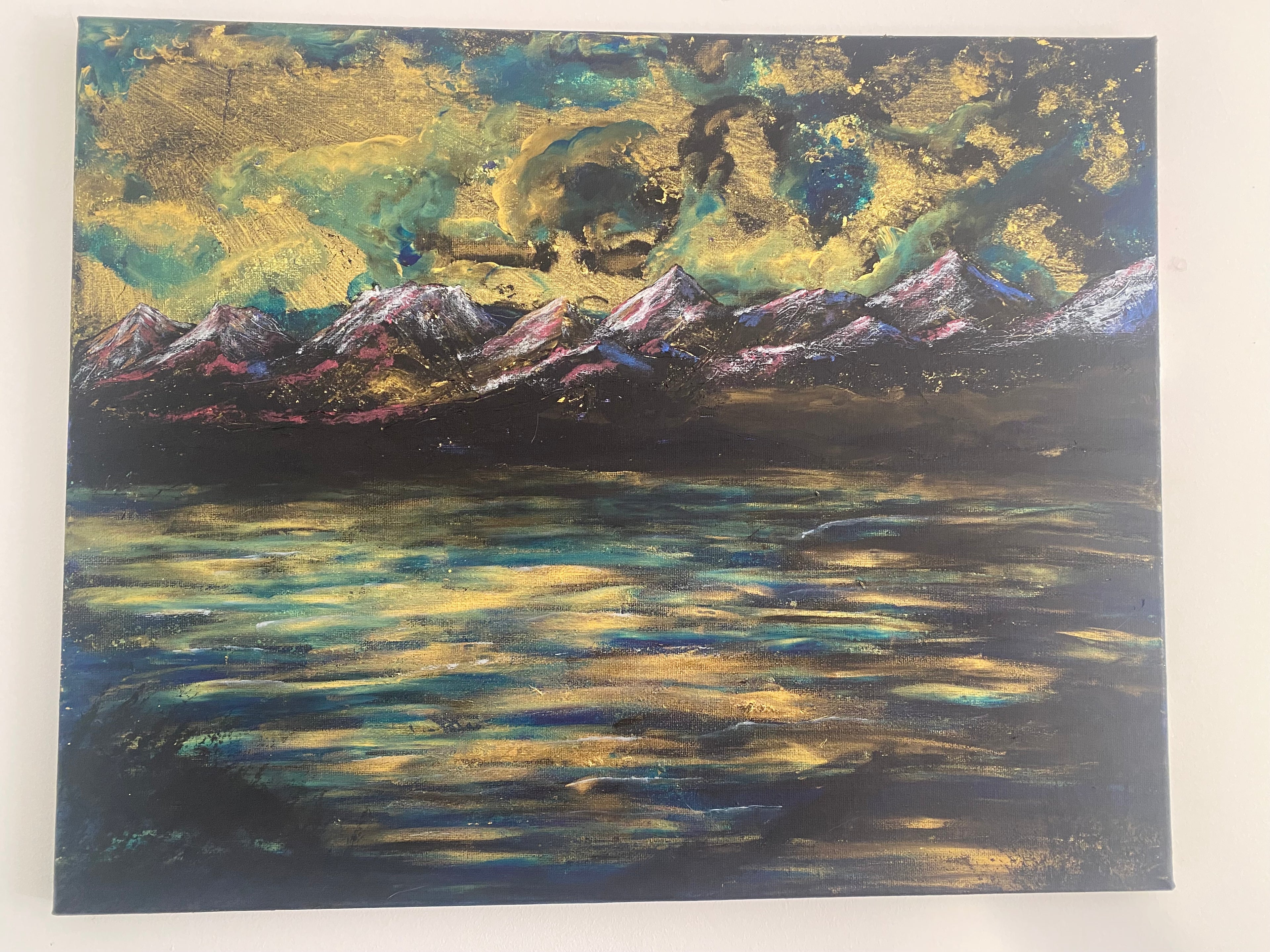 Water’s Memory of Sky - Original Acrylic Painting, gold and blue sunset over mountains