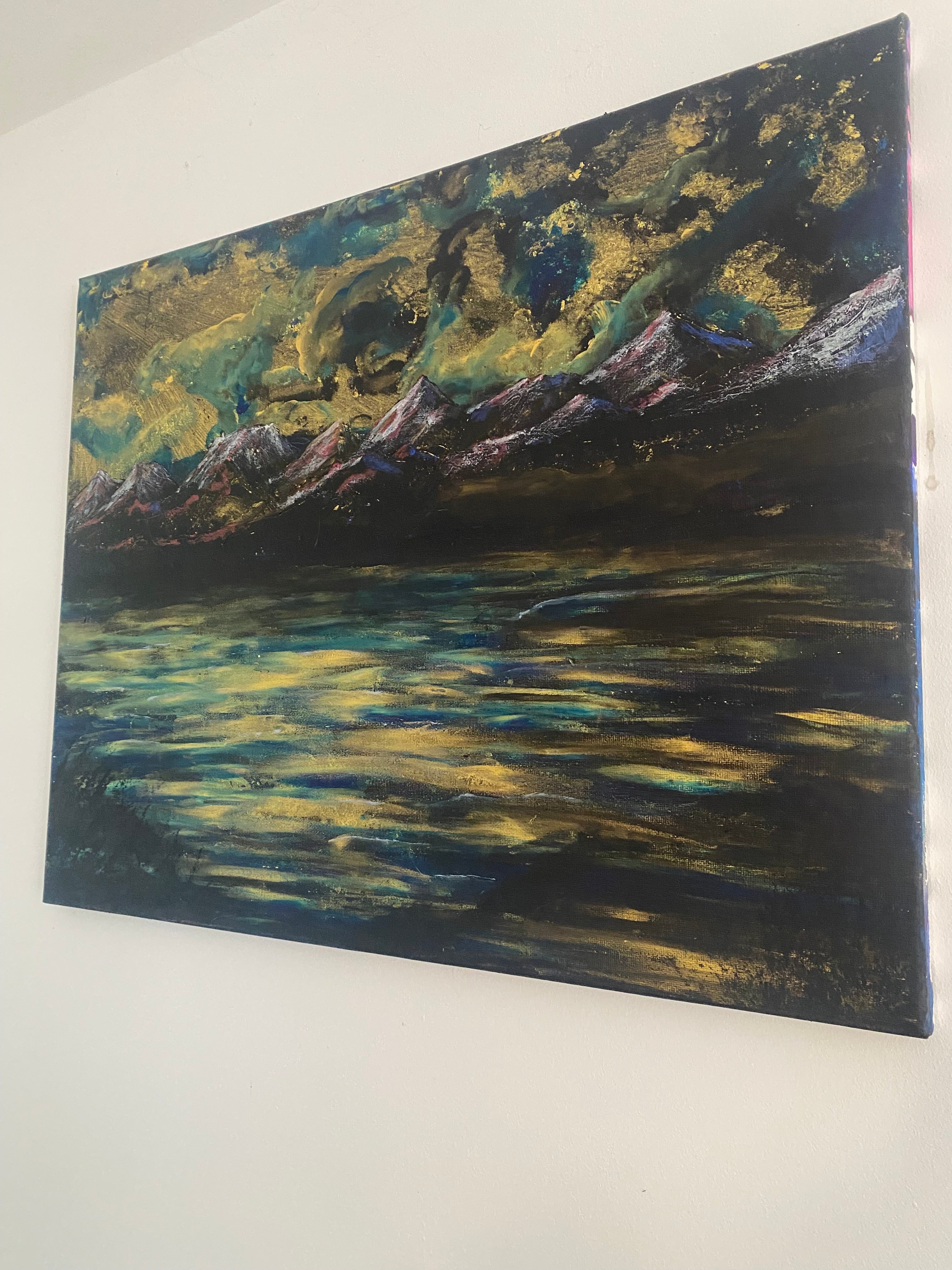 Water’s Memory of Sky - Original Acrylic Painting, gold and blue sunset over mountains