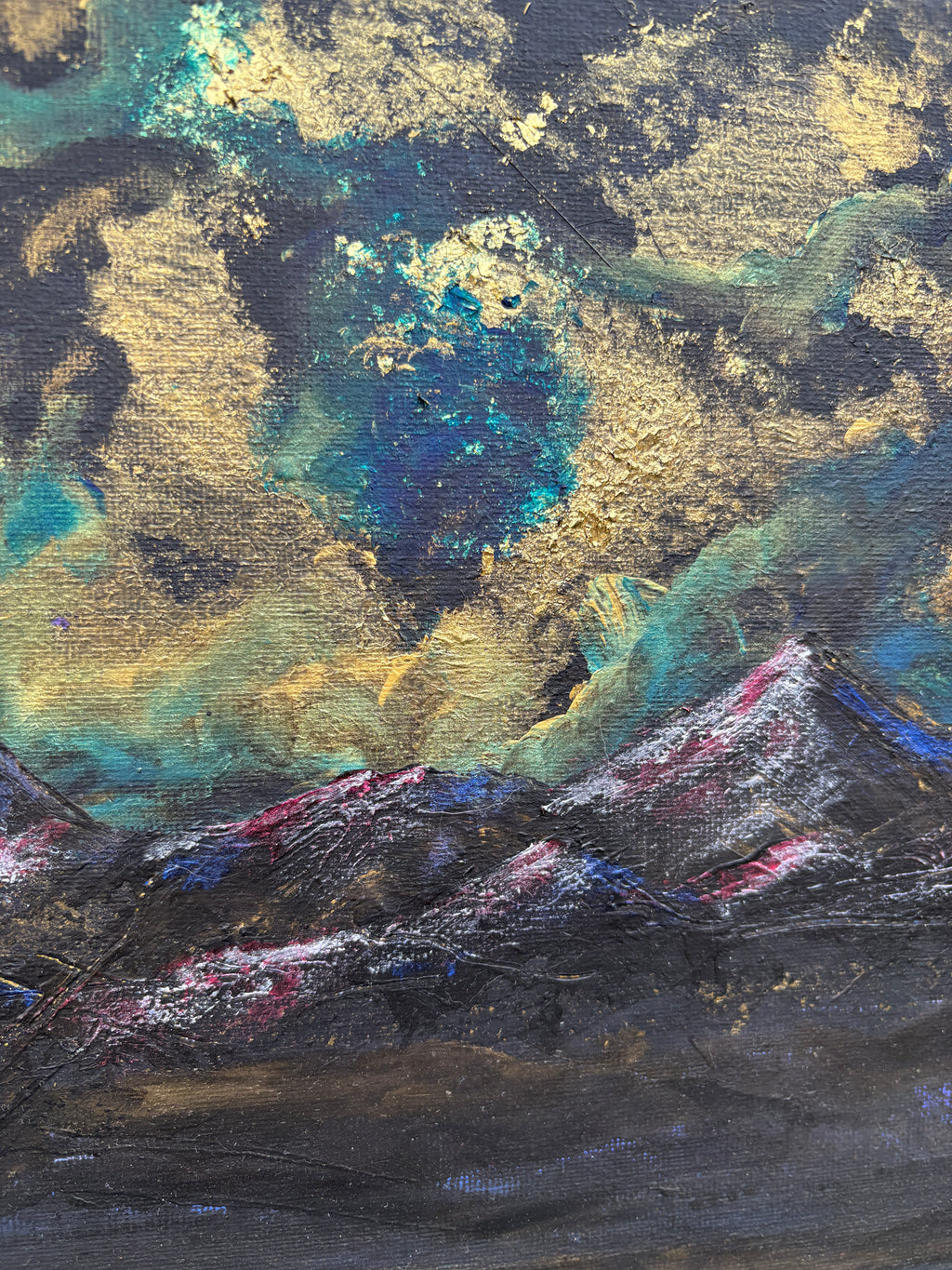 Water’s Memory of Sky - Original Acrylic Painting, gold and blue sunset over mountains