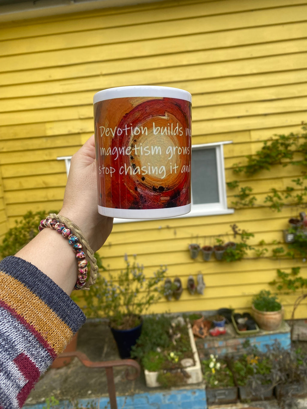 Devotion builds momentum, inspirational printed mug, from original art work, abstract art, motivational, spirituality, quote (9oz/ 250ml)