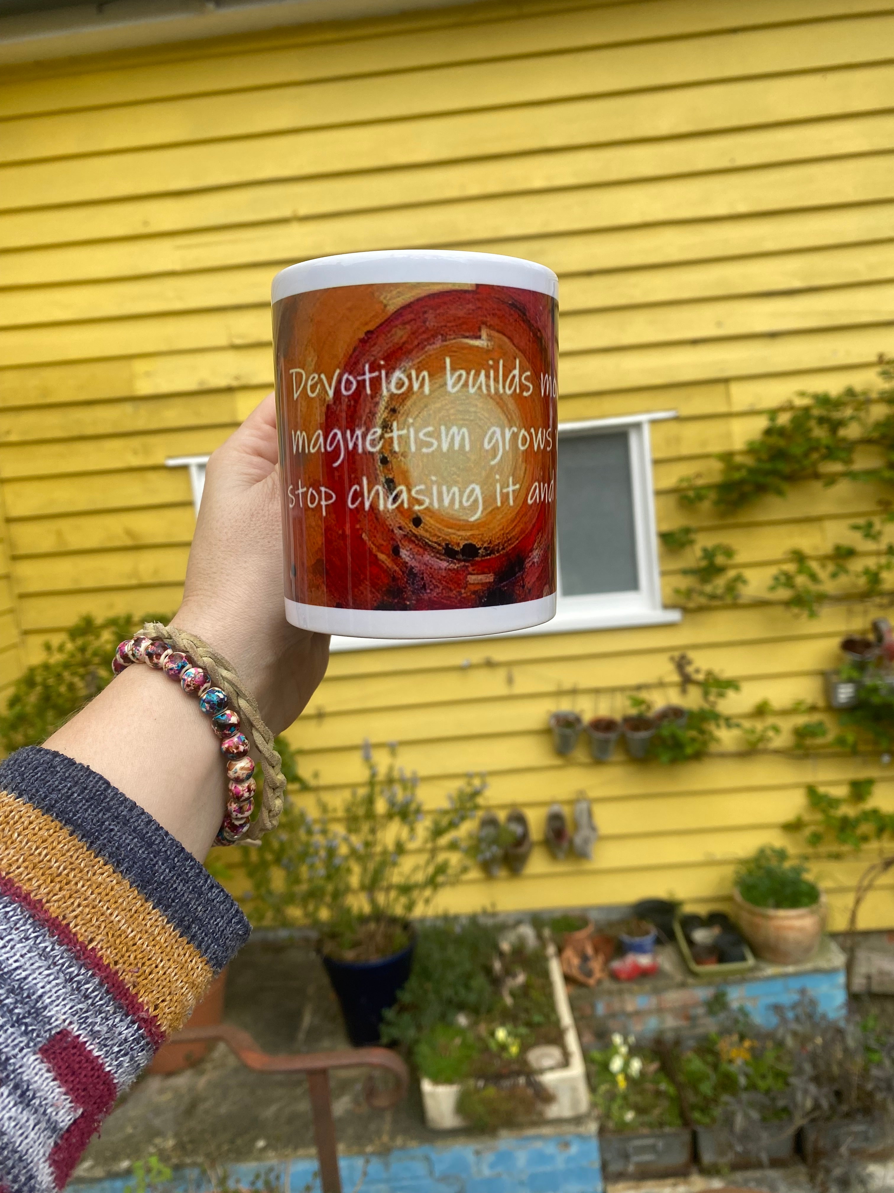 Devotion builds momentum, inspirational printed mug, from original art work, abstract art, motivational, spirituality, quote (9oz/ 250ml)