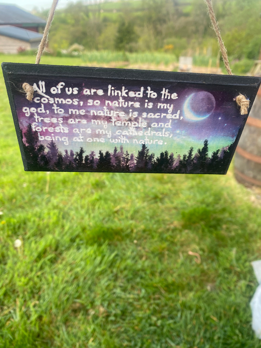 “All of us are linked to the cosmos…being at one with nature” – Hand‑Painted Wooden Plaque