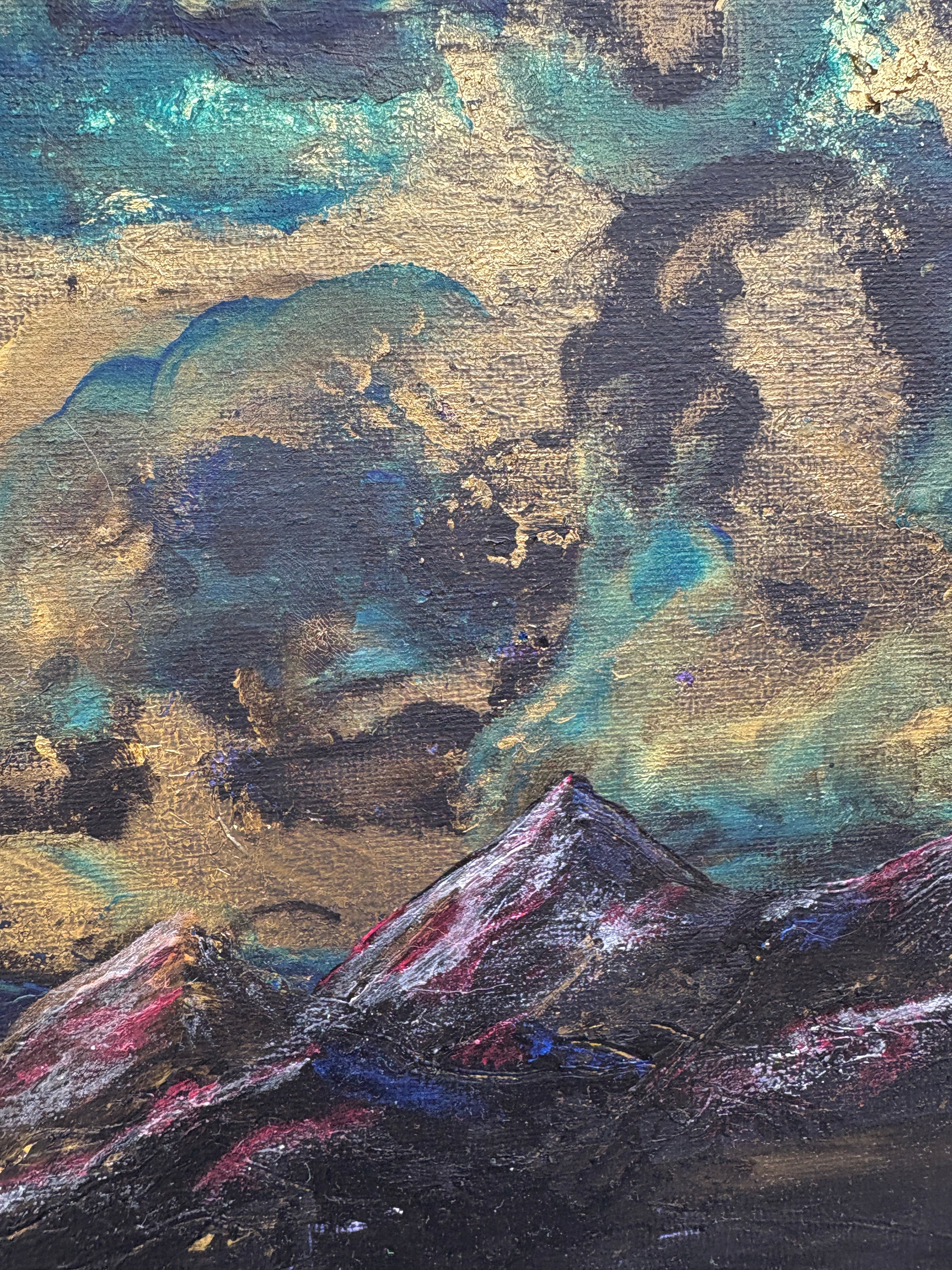 Water’s Memory of Sky - Original Acrylic Painting, gold and blue sunset over mountains