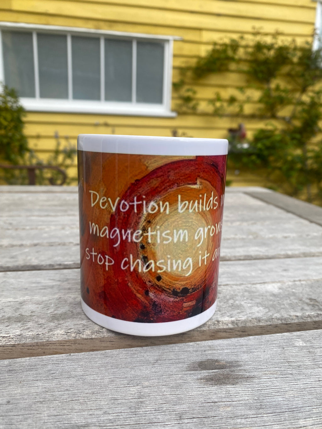 Devotion builds momentum, inspirational printed mug, from original art work, abstract art, motivational, spirituality, quote (9oz/ 250ml)