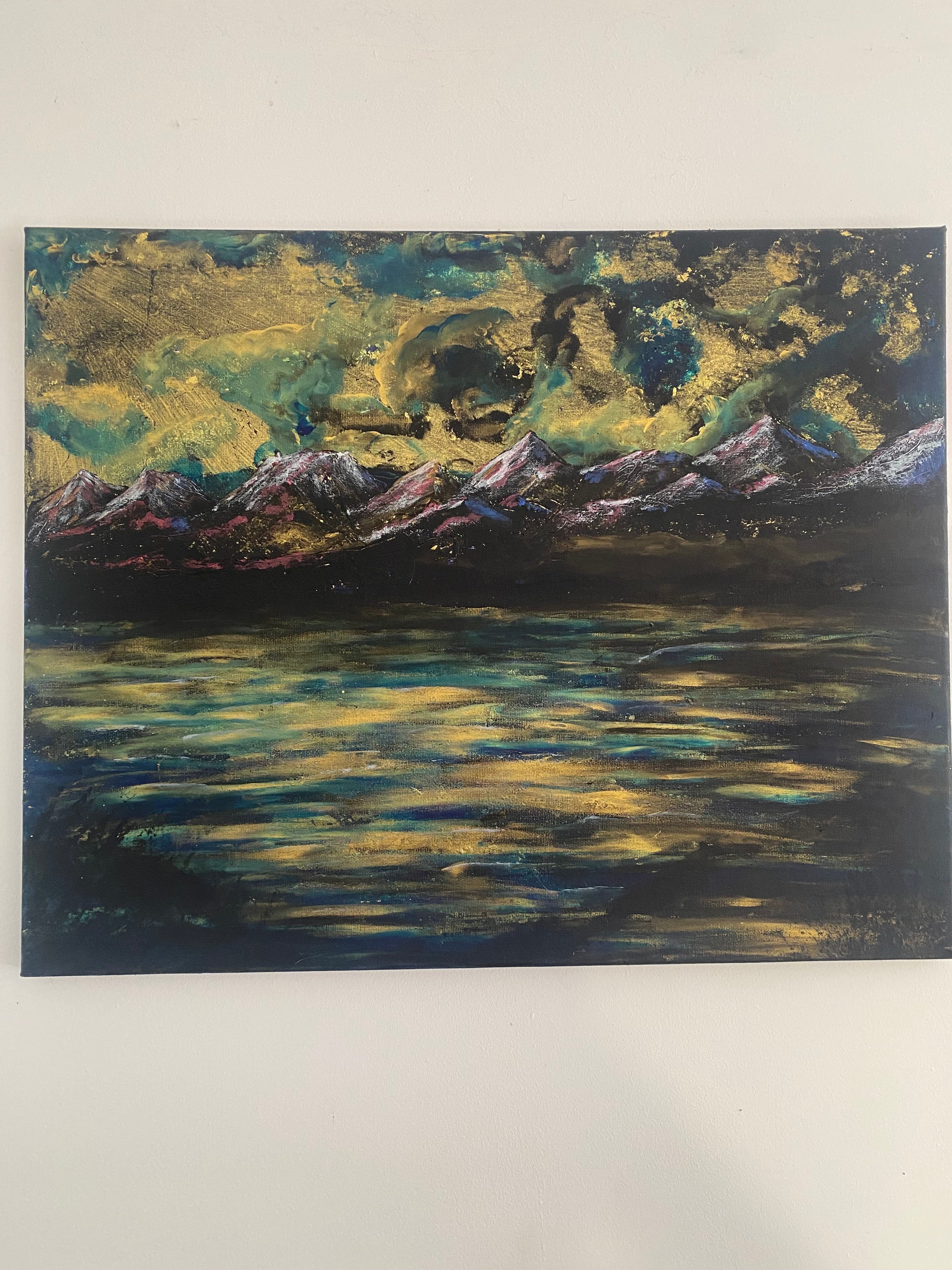 Water’s Memory of Sky - Original Acrylic Painting, gold and blue sunset over mountains