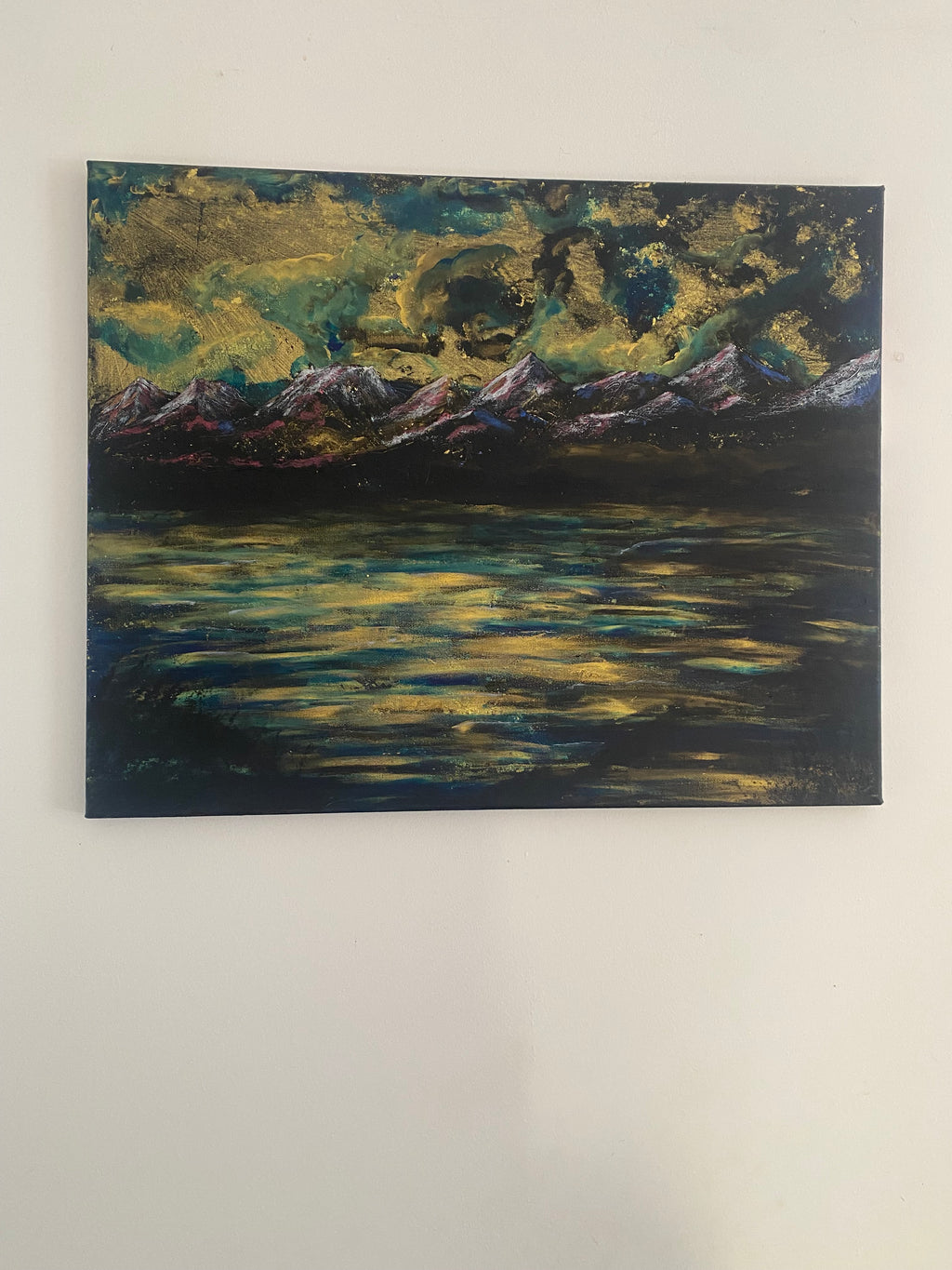 Water’s Memory of Sky - Original Acrylic Painting, gold and blue sunset over mountains