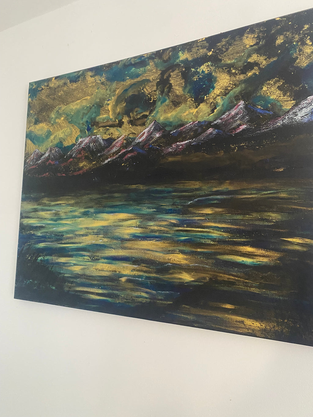Water’s Memory of Sky - Original Acrylic Painting, gold and blue sunset over mountains
