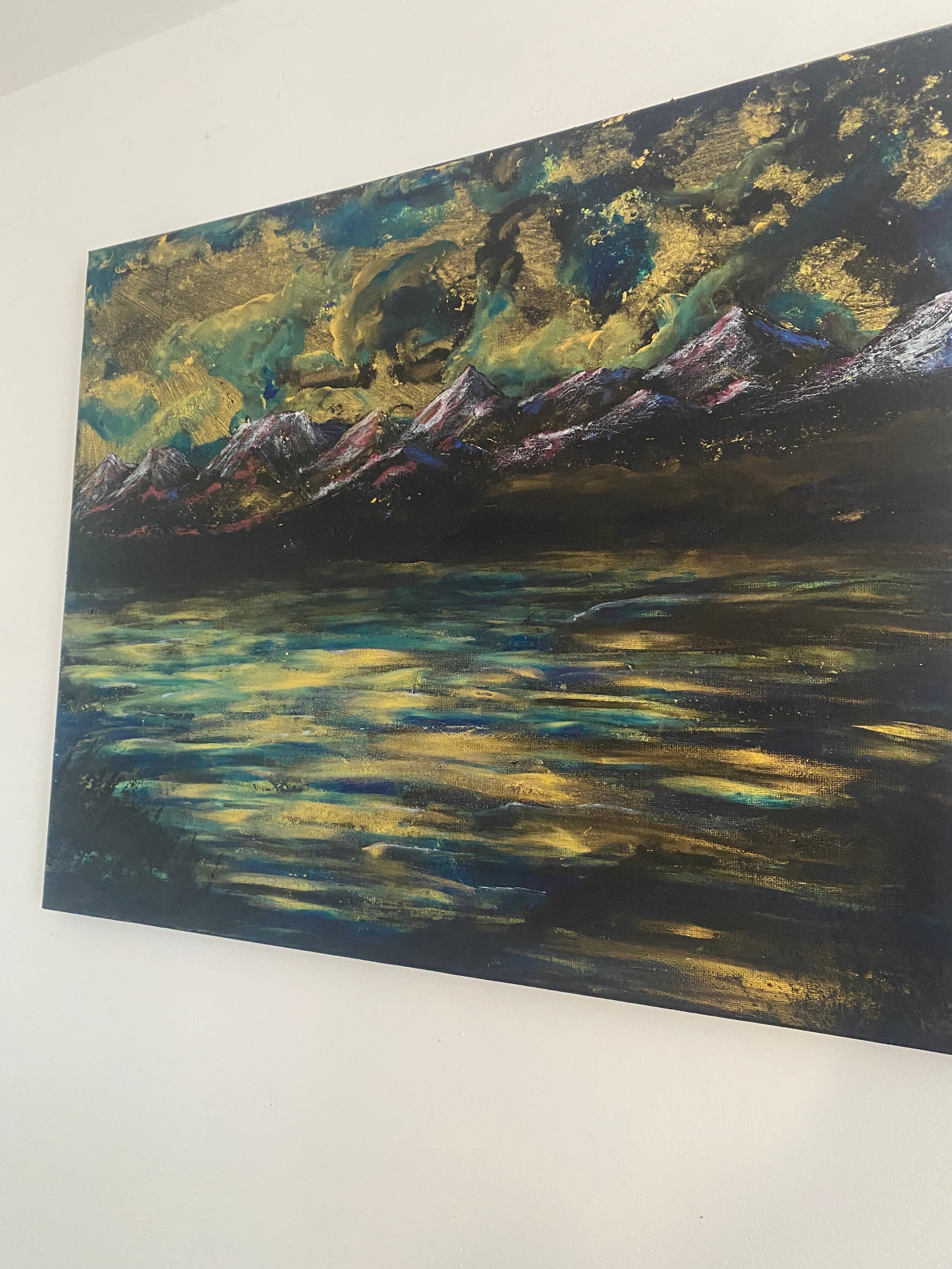 Water’s Memory of Sky - Original Acrylic Painting, gold and blue sunset over mountains