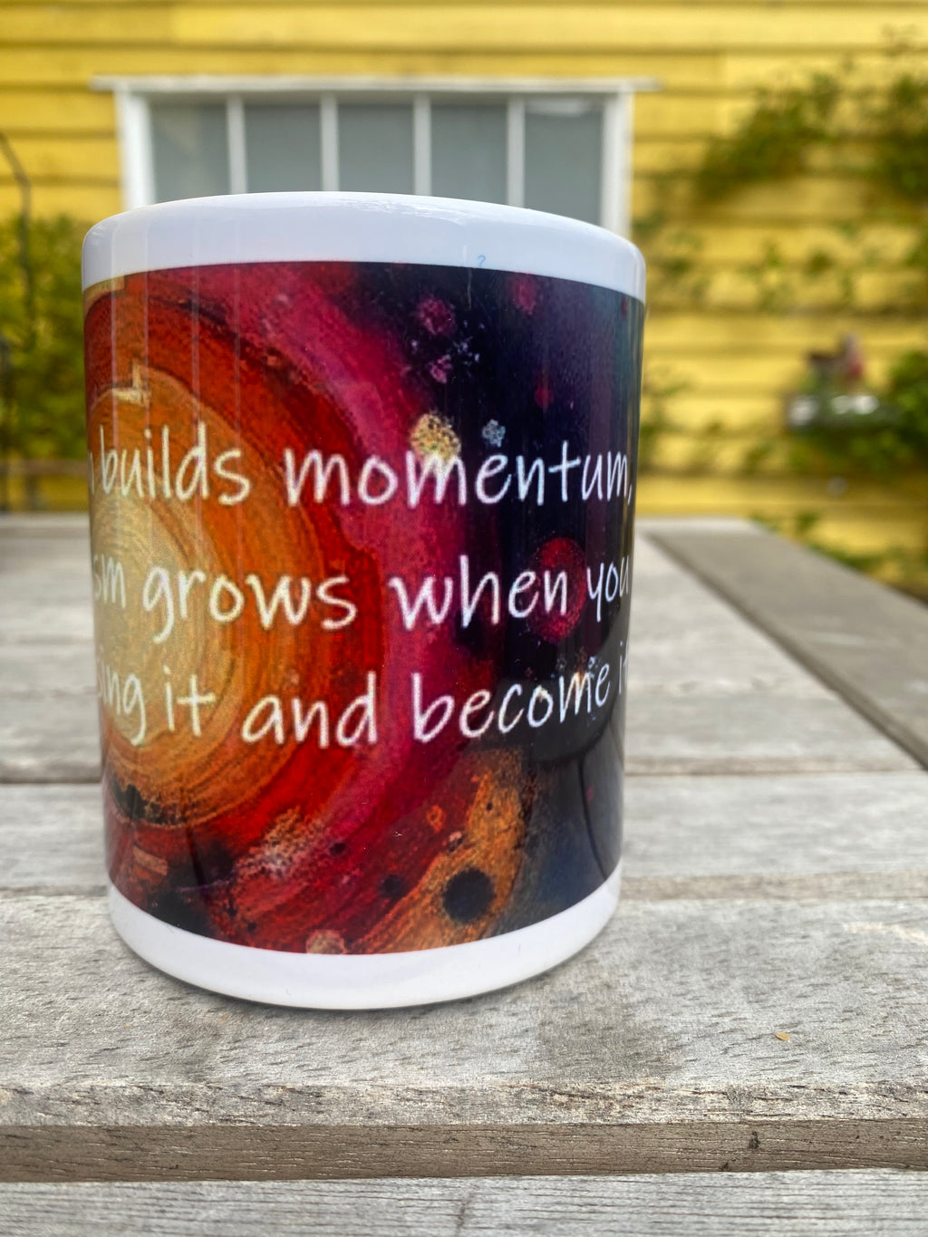 Devotion builds momentum, inspirational printed mug, from original art work, abstract art, motivational, spirituality, quote (9oz/ 250ml)