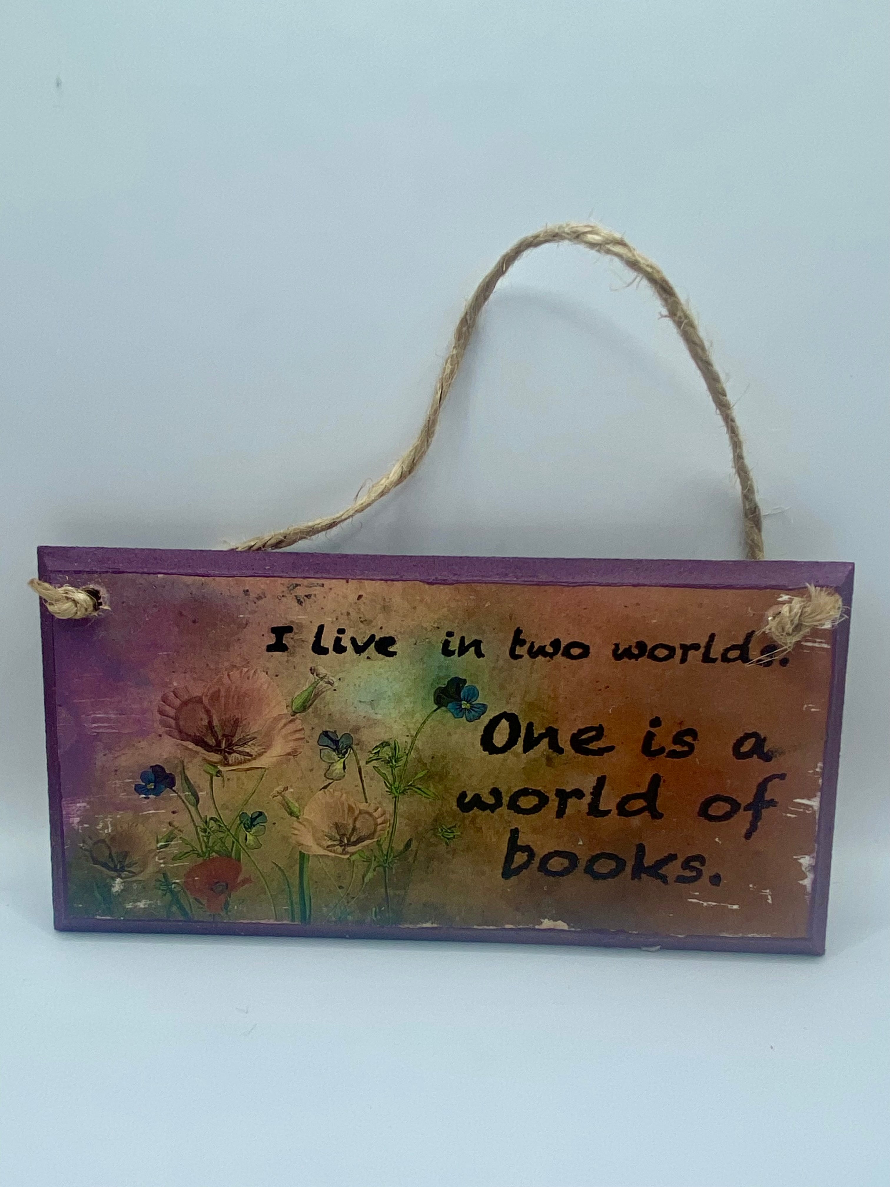 Hand‑Painted Wooden Plaque – “I live in two worlds, one is a world of books” ~ Gilmore Girls inspired Bookish Quote (6x3", 7x4”, 8x4”)