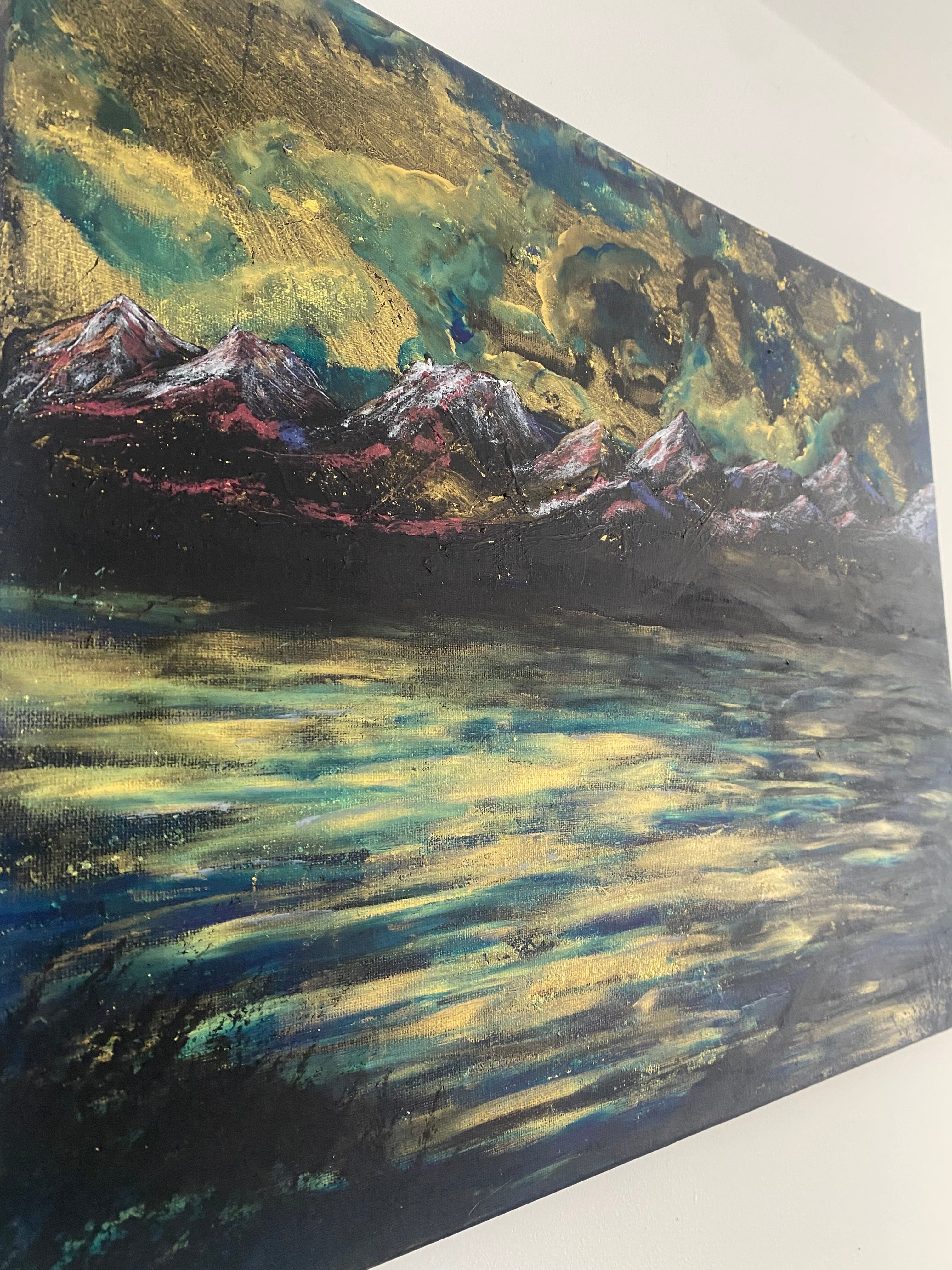 Water’s Memory of Sky - Original Acrylic Painting, gold and blue sunset over mountains