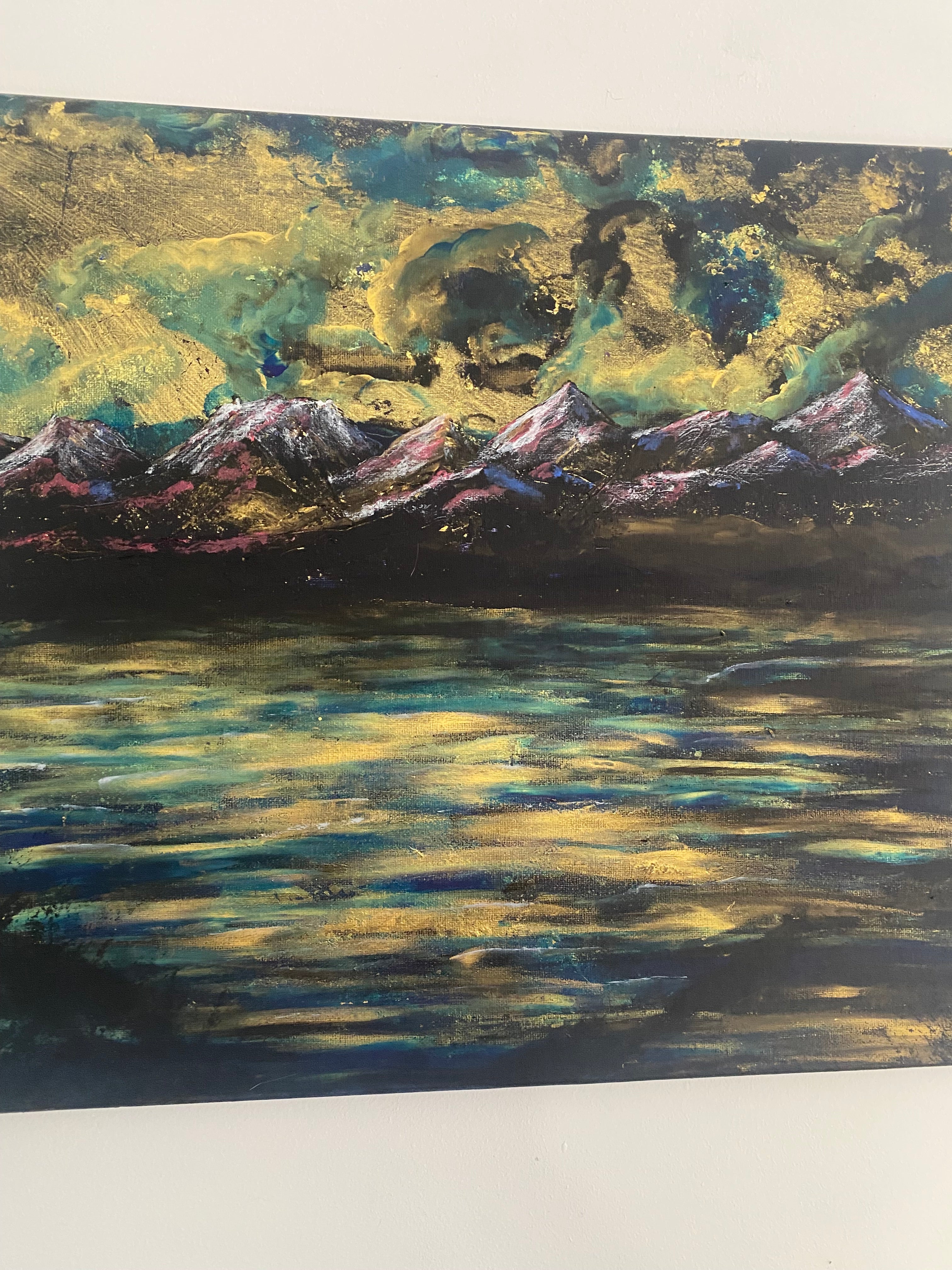Water’s Memory of Sky - Original Acrylic Painting, gold and blue sunset over mountains