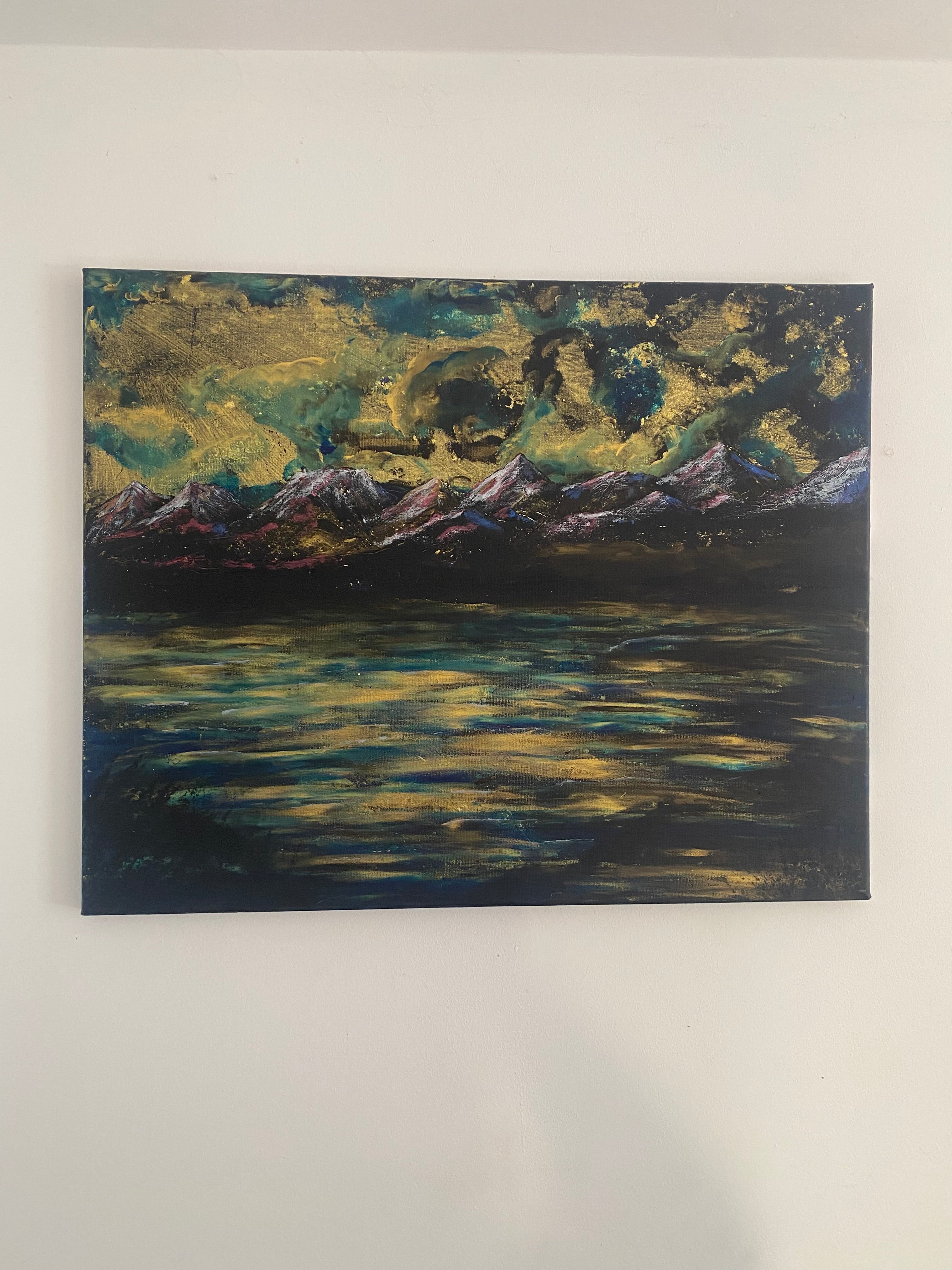 Water’s Memory of Sky - Original Acrylic Painting, gold and blue sunset over mountains