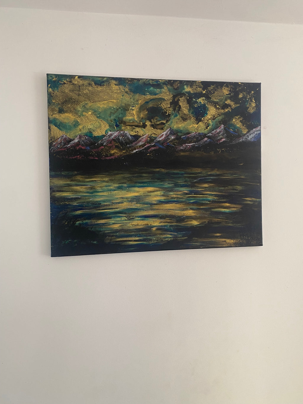Water’s Memory of Sky - Original Acrylic Painting, gold and blue sunset over mountains