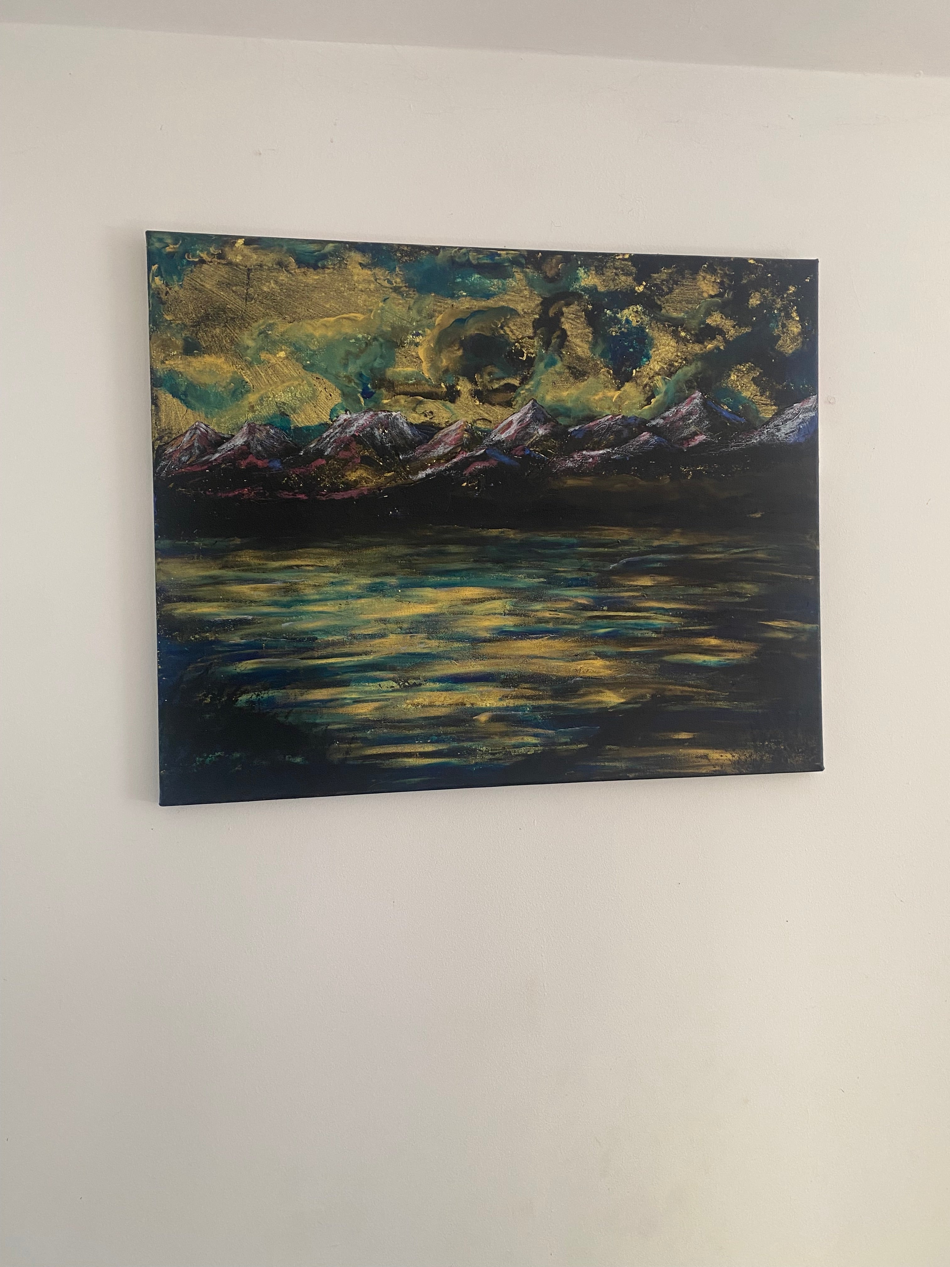 Water’s Memory of Sky - Original Acrylic Painting, gold and blue sunset over mountains
