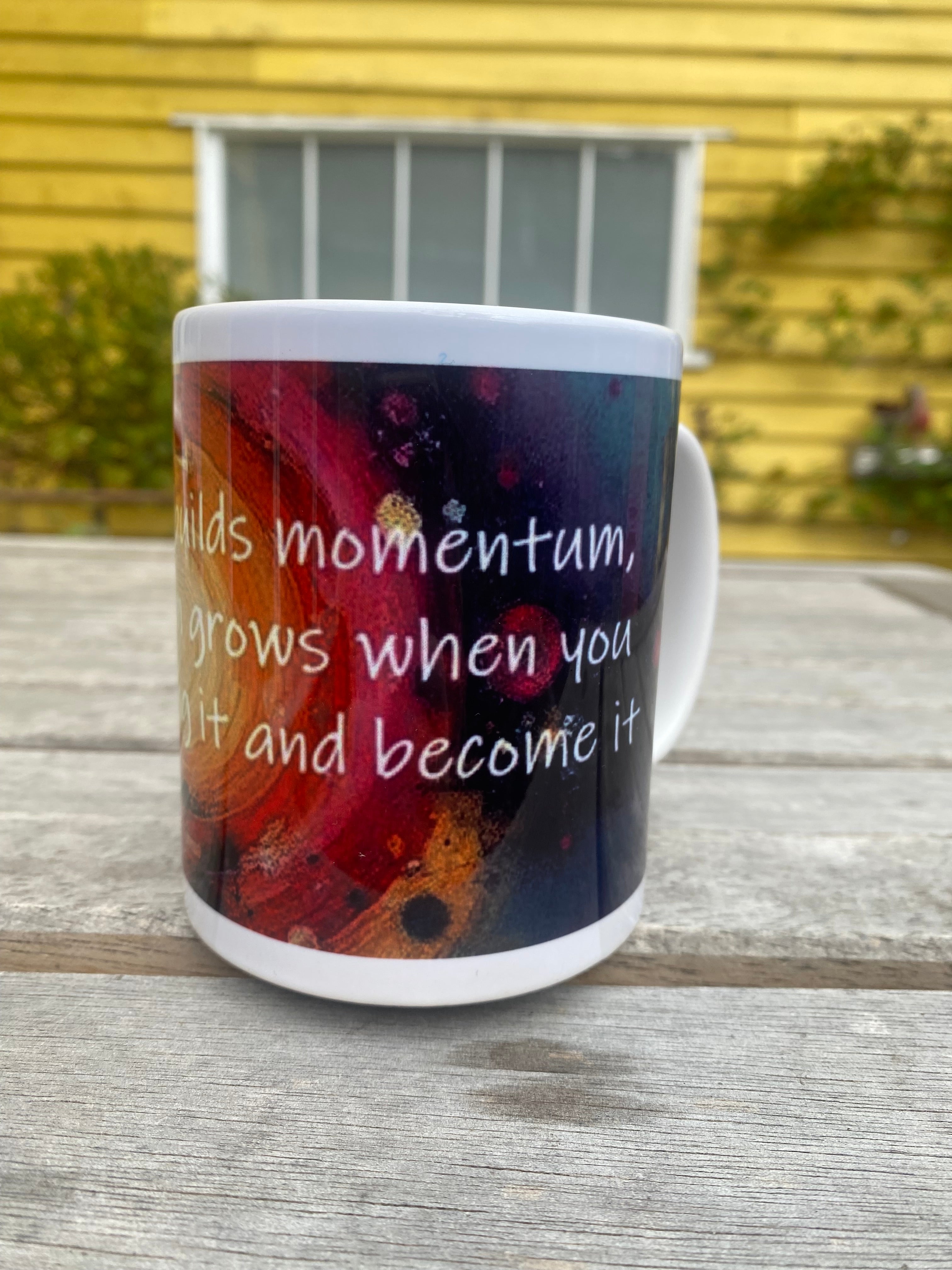 Devotion builds momentum, inspirational printed mug, from original art work, abstract art, motivational, spirituality, quote (9oz/ 250ml)