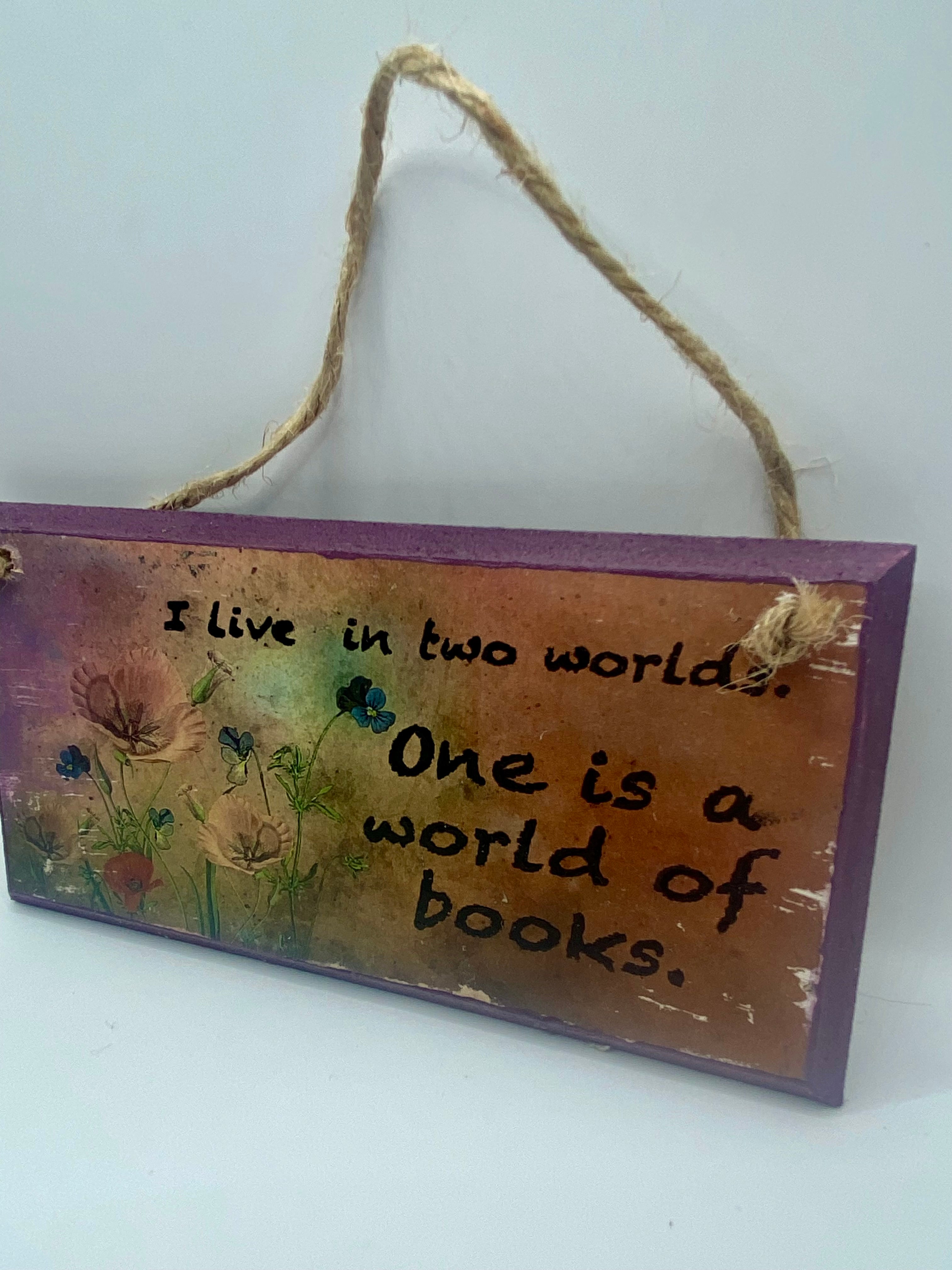 Hand‑Painted Wooden Plaque – “I live in two worlds, one is a world of books” ~ Gilmore Girls inspired Bookish Quote (6x3", 7x4”, 8x4”)