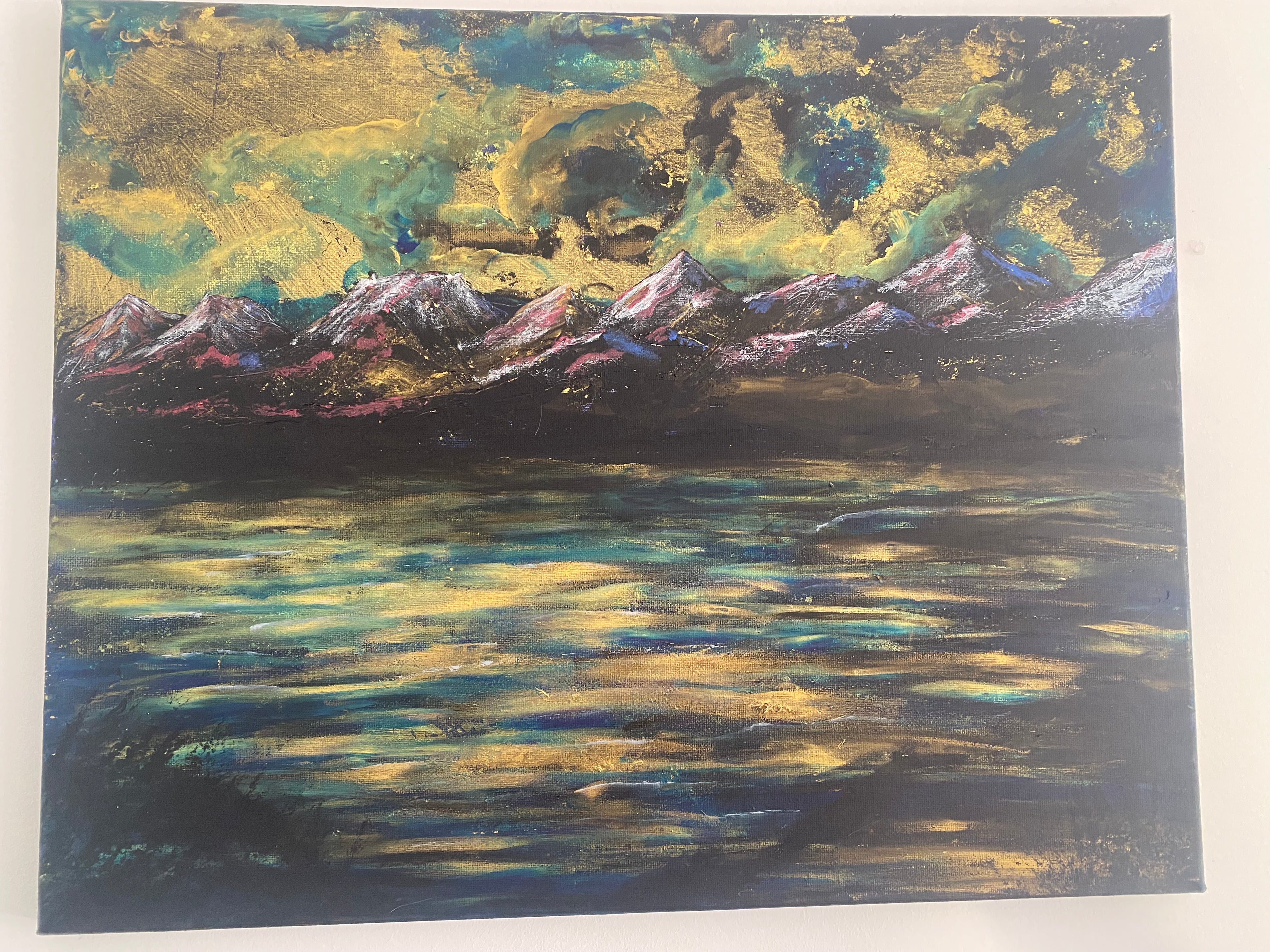 Water’s Memory of Sky - Original Acrylic Painting, gold and blue sunset over mountains