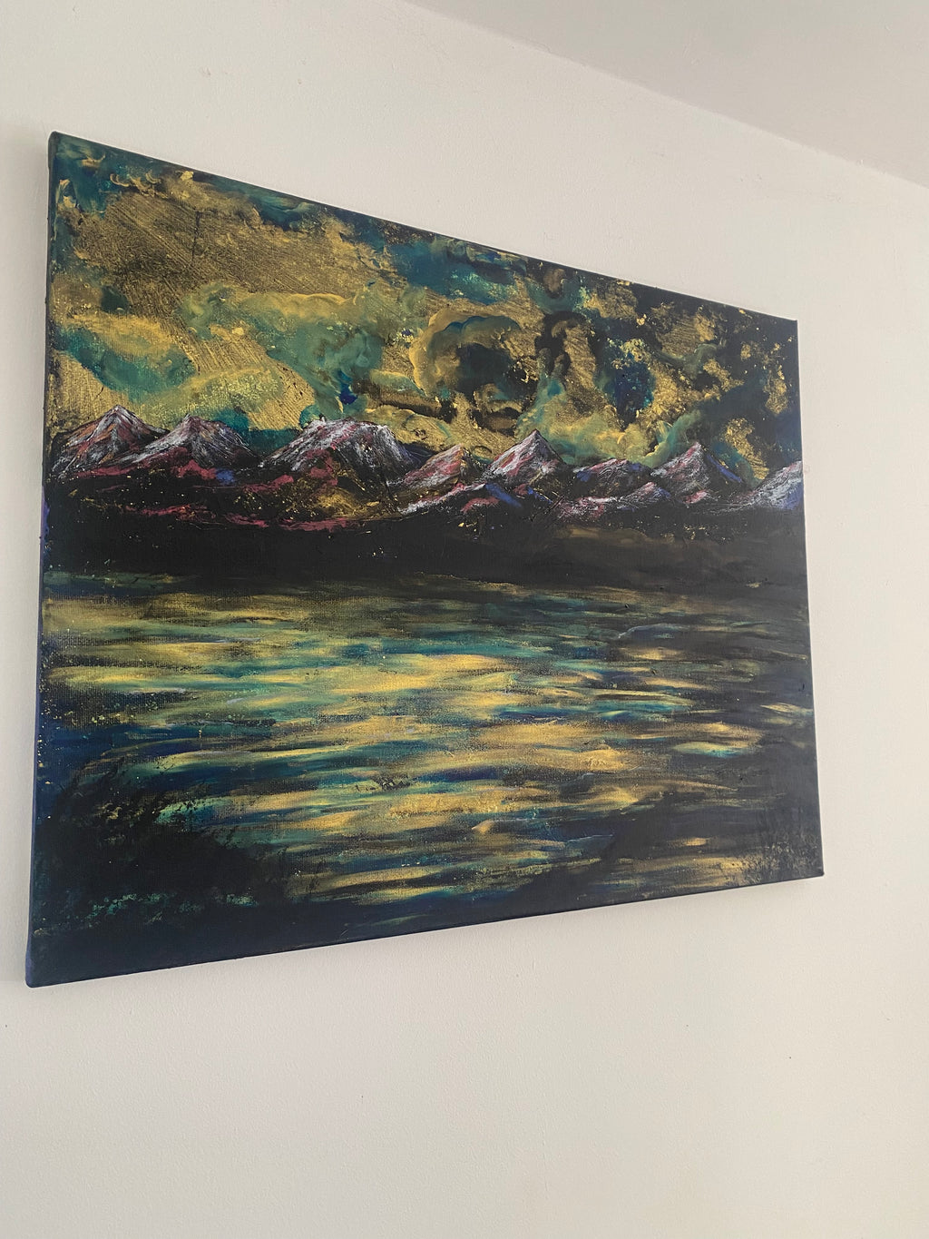 Water’s Memory of Sky - Original Acrylic Painting, gold and blue sunset over mountains