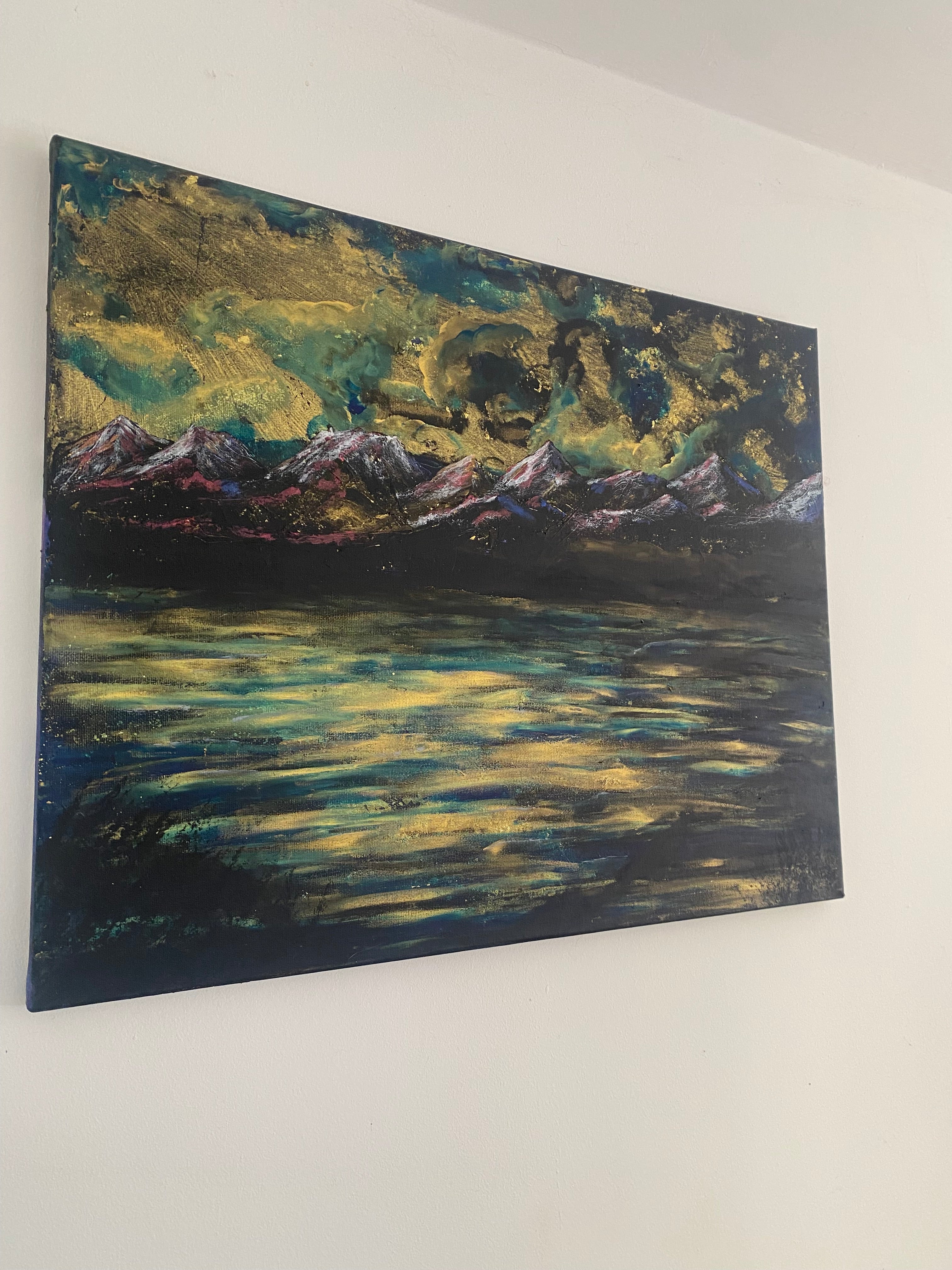 Water’s Memory of Sky - Original Acrylic Painting, gold and blue sunset over mountains