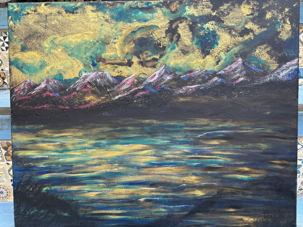 Water’s Memory of Sky - Original Acrylic Painting, gold and blue sunset over mountains