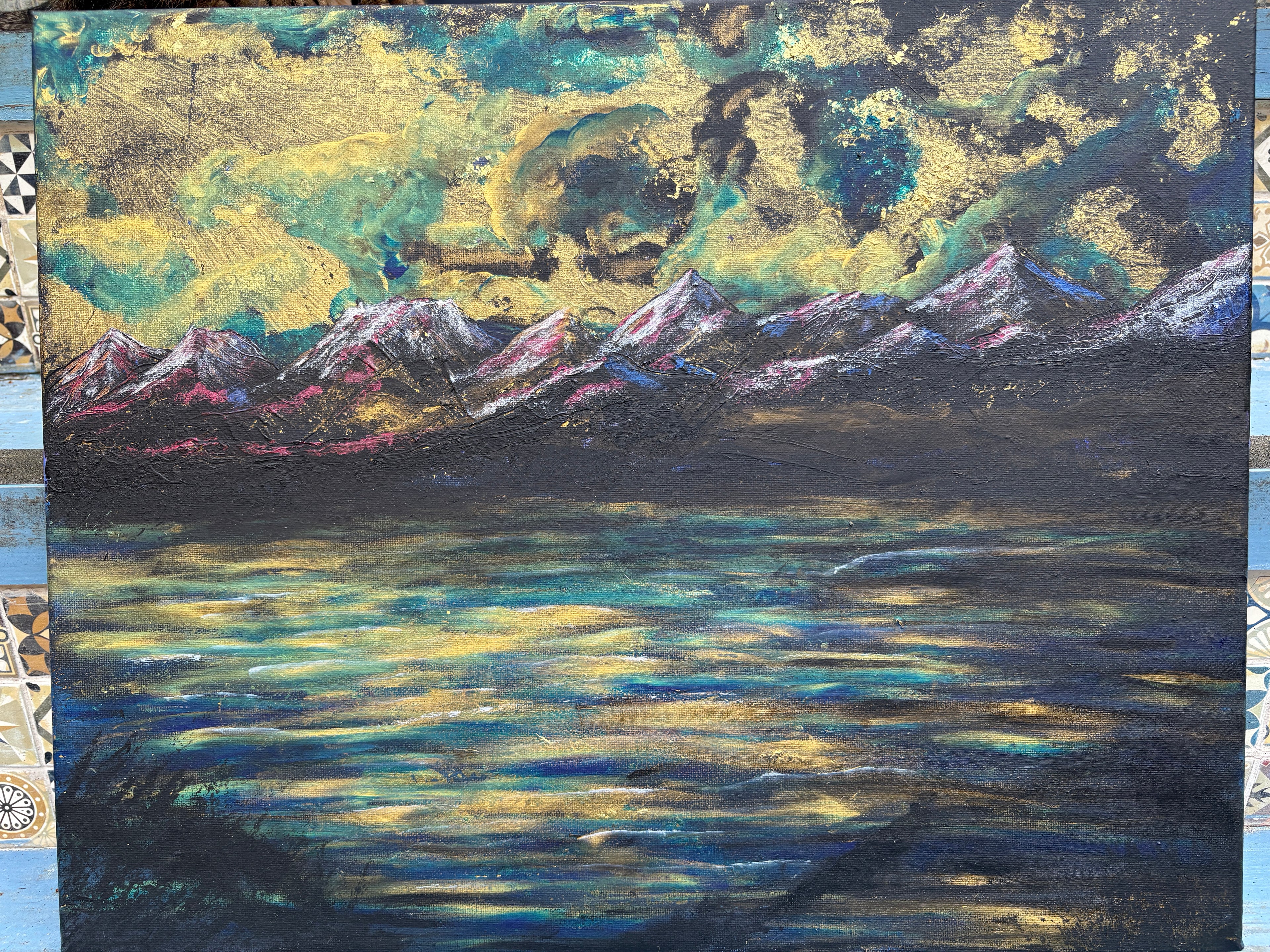 Water’s Memory of Sky - Original Acrylic Painting, gold and blue sunset over mountains