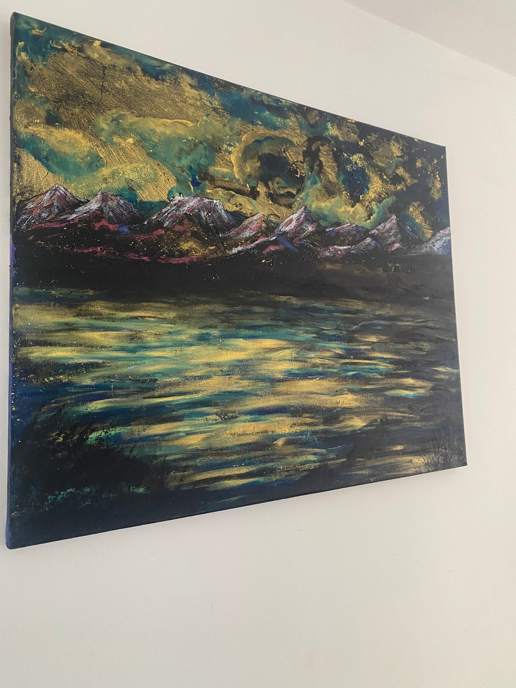 Water’s Memory of Sky - Original Acrylic Painting, gold and blue sunset over mountains