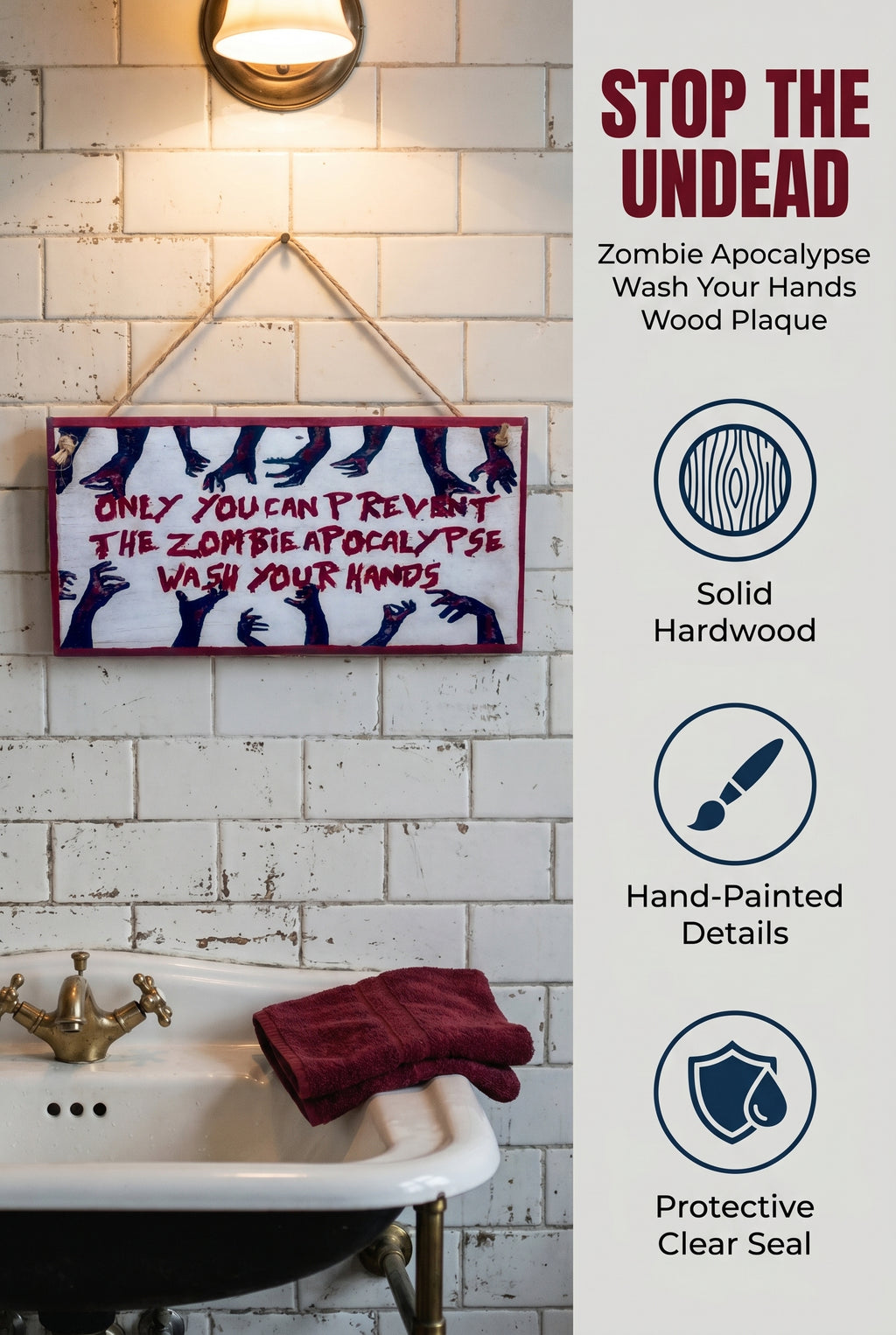 Zombie Apocalypse ~ Only you can prevent the zombie apocalypse, wash your hands - Handpainted Plaque | Sign | Home Decor(8x4")