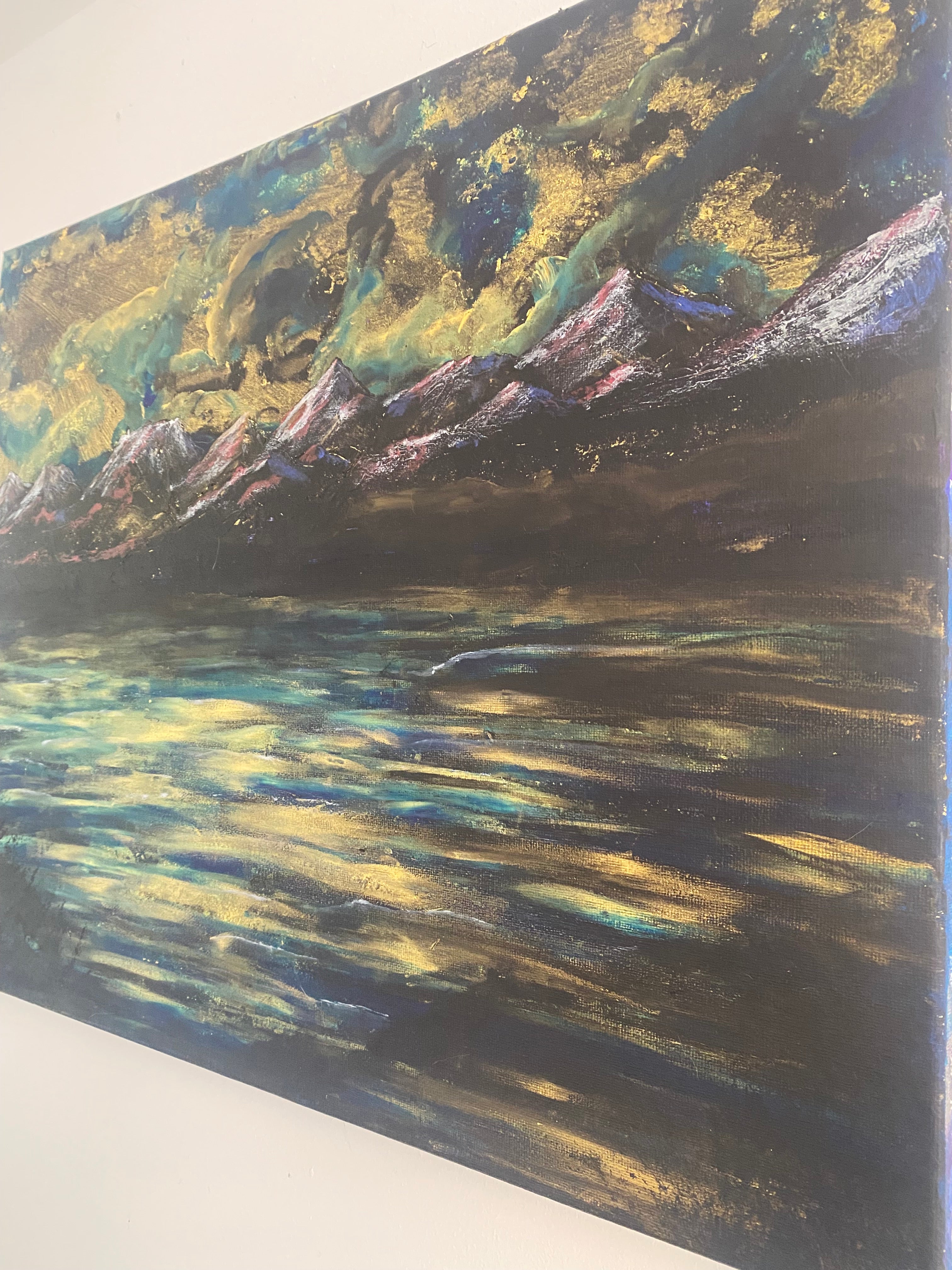 Water’s Memory of Sky - Original Acrylic Painting, gold and blue sunset over mountains