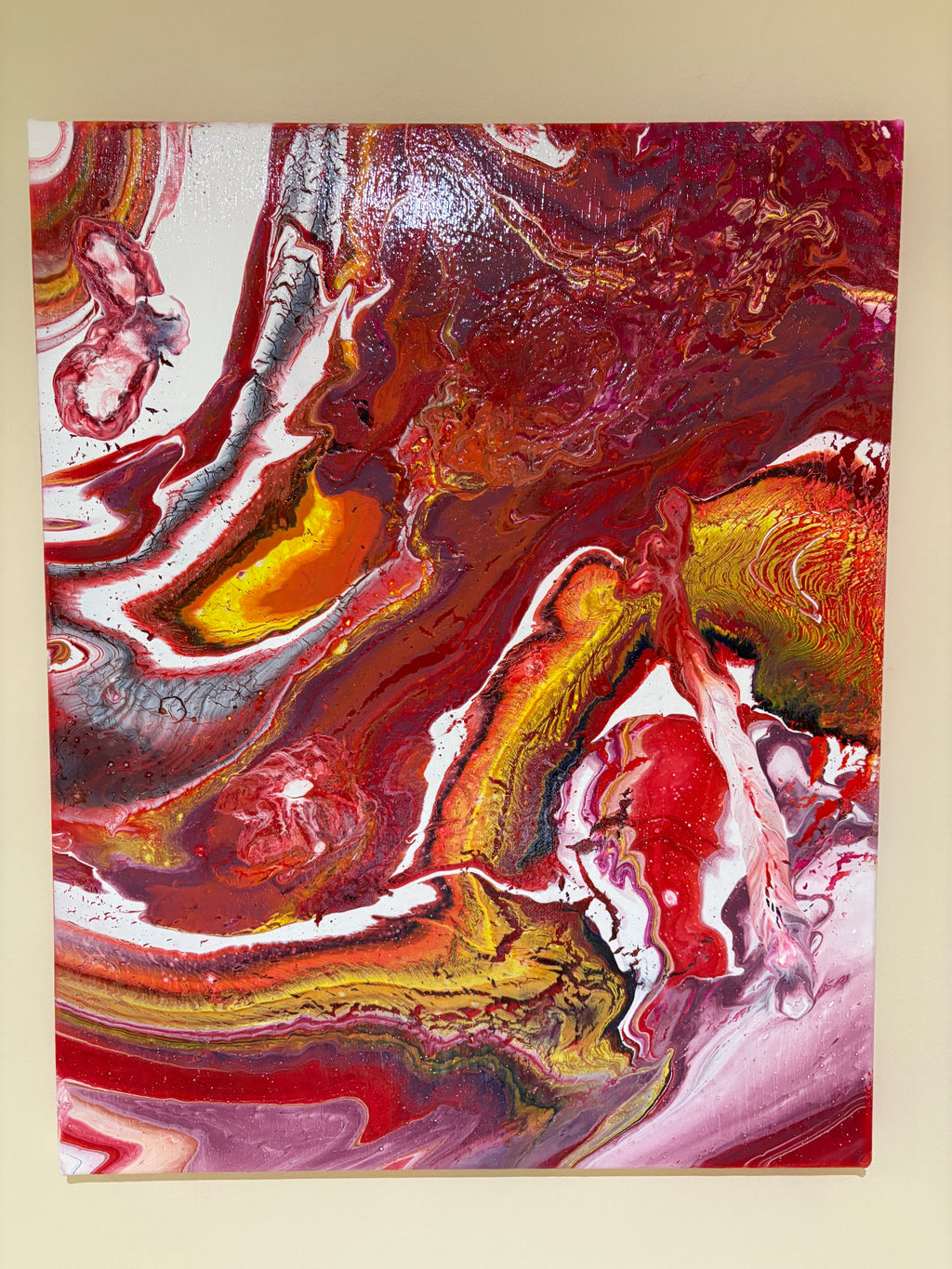 Red jammy riot Splash 1 - Original Painting, acrylic paint pour. 51 x 40.5 cm