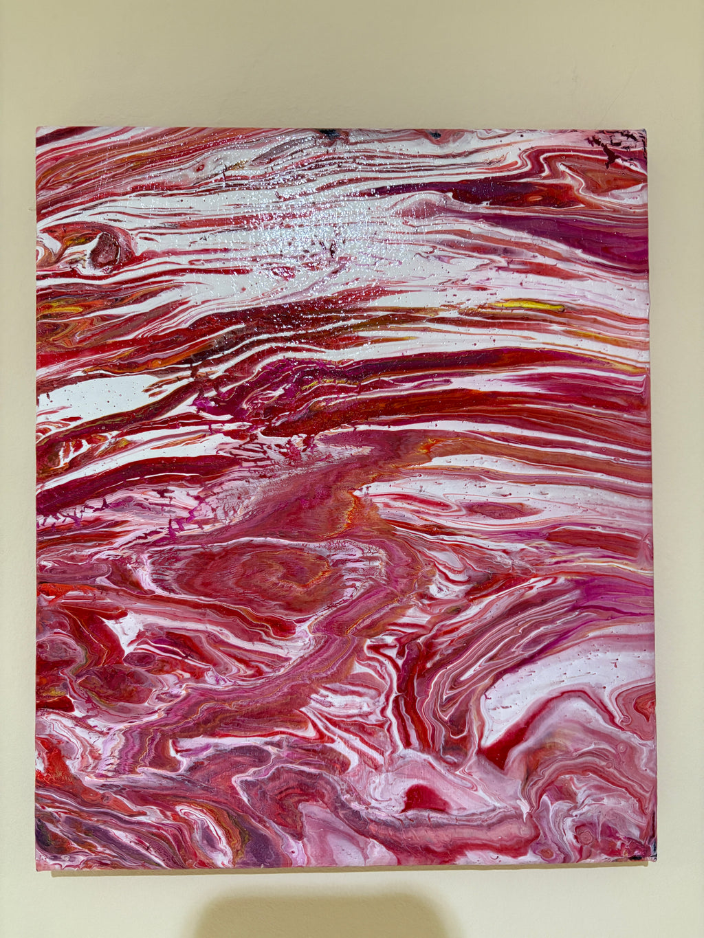 Creamy Jammy red riot Splash - Original Abstract Painting, acrylic paint pour. 30 x 25.5 cm
