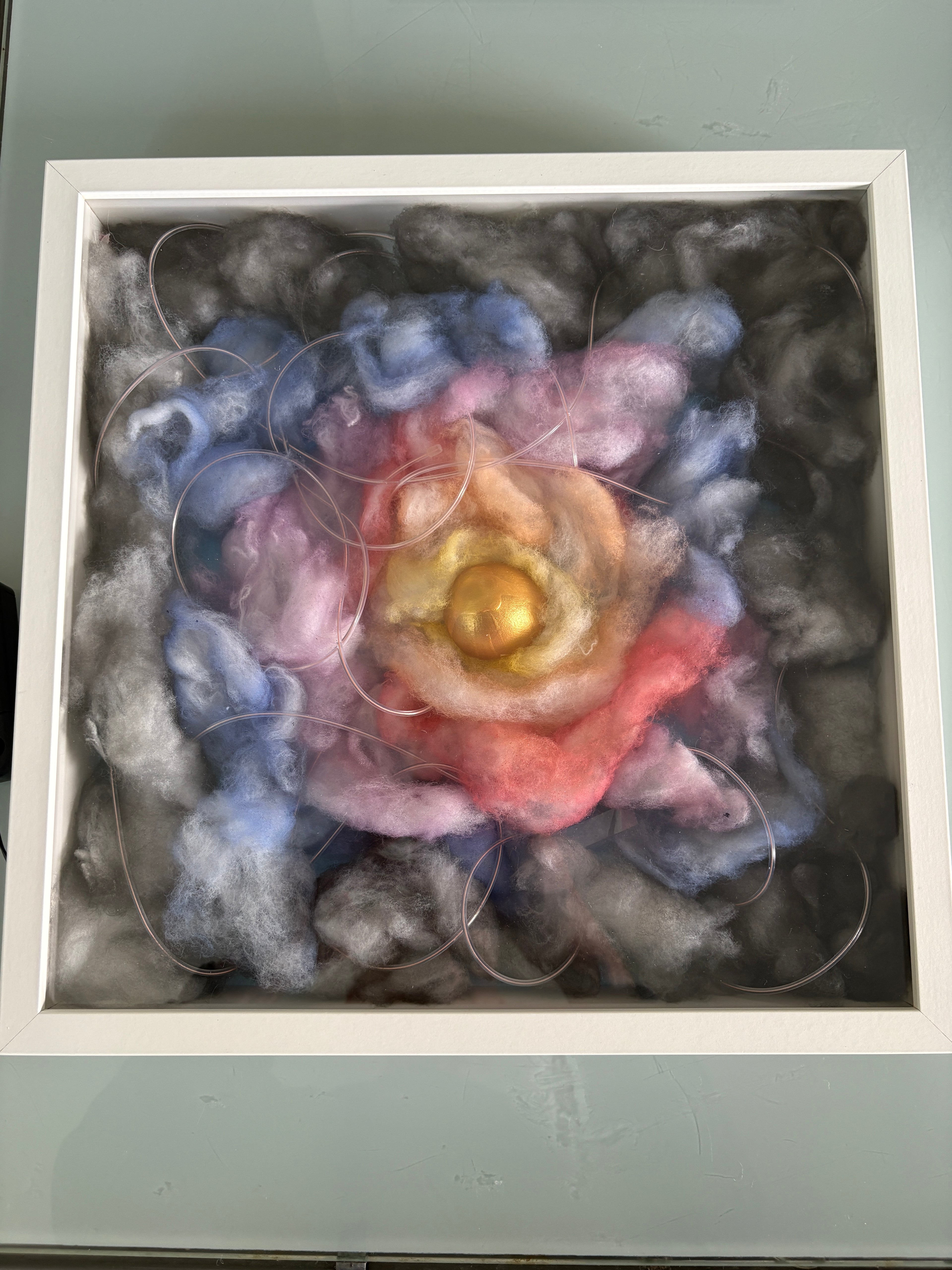 Shadow Box Mystery 4 - Egg in multicoloured flashing sky - box frame - 37 x 37 x 6cm