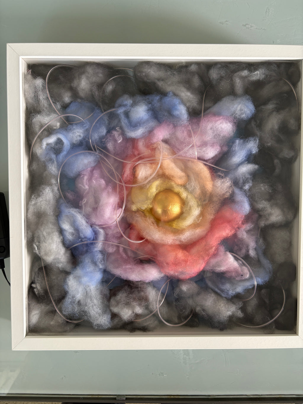 Shadow Box Mystery 4 - Egg in multicoloured flashing sky - box frame - 37 x 37 x 6cm