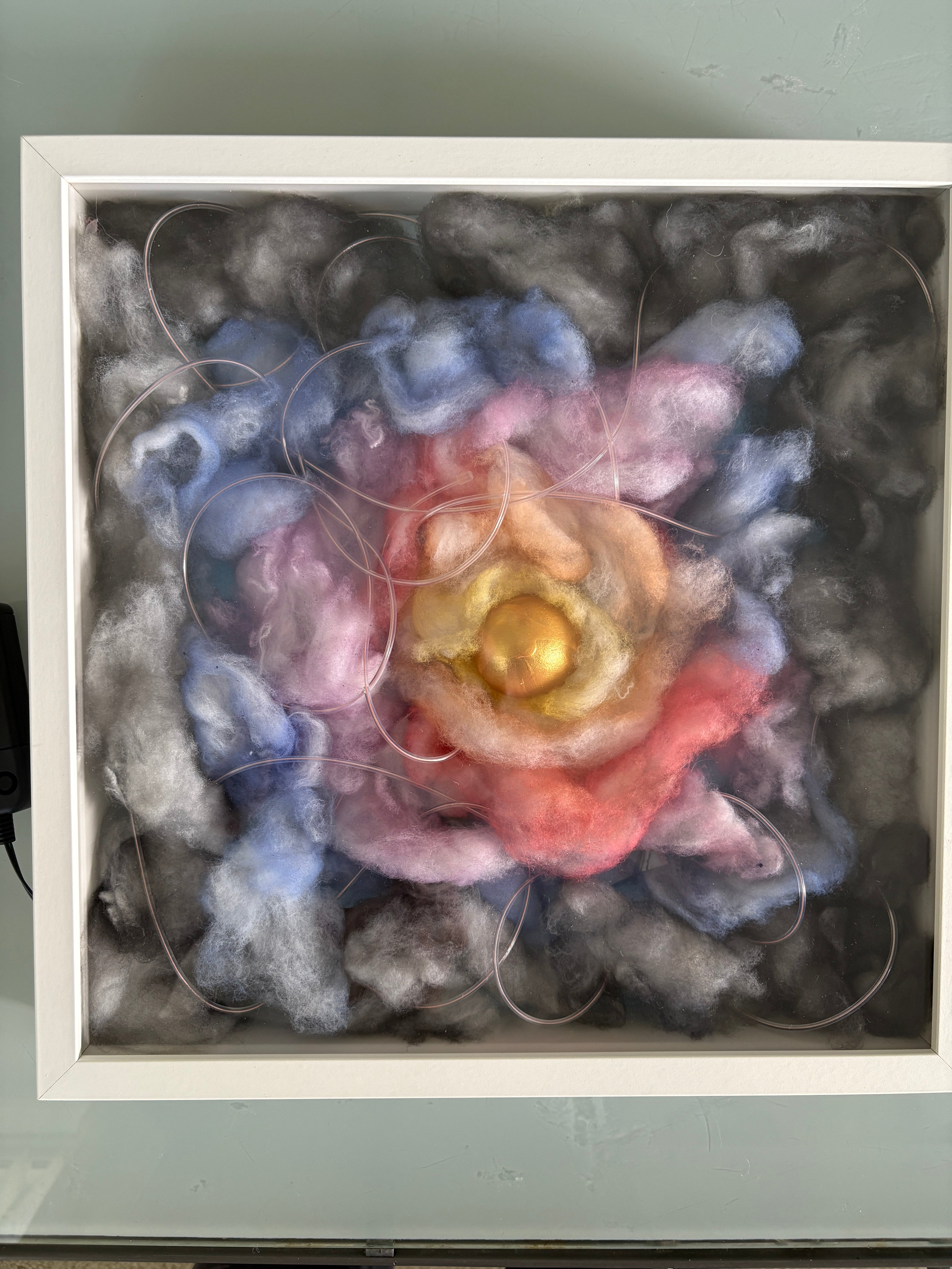 Shadow Box Mystery 4 - Egg in multicoloured flashing sky - box frame - 37 x 37 x 6cm