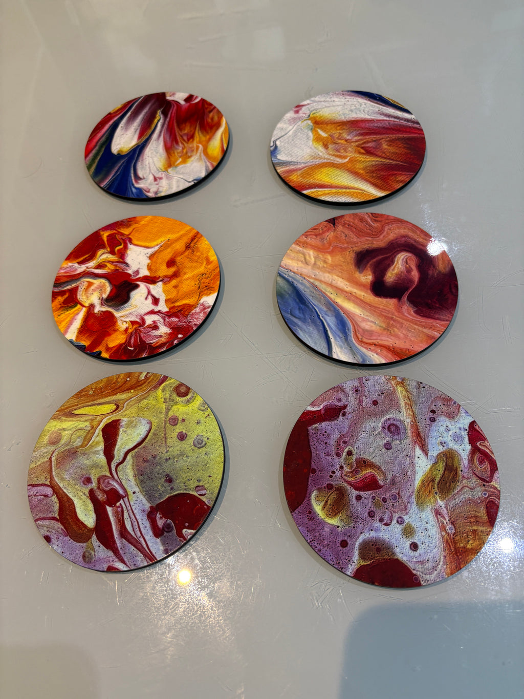 Set A of 6 Bright original design abstract Art drink coasters 10cm