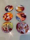 Set A of 6 Bright original design abstract Art drink coasters 10cm