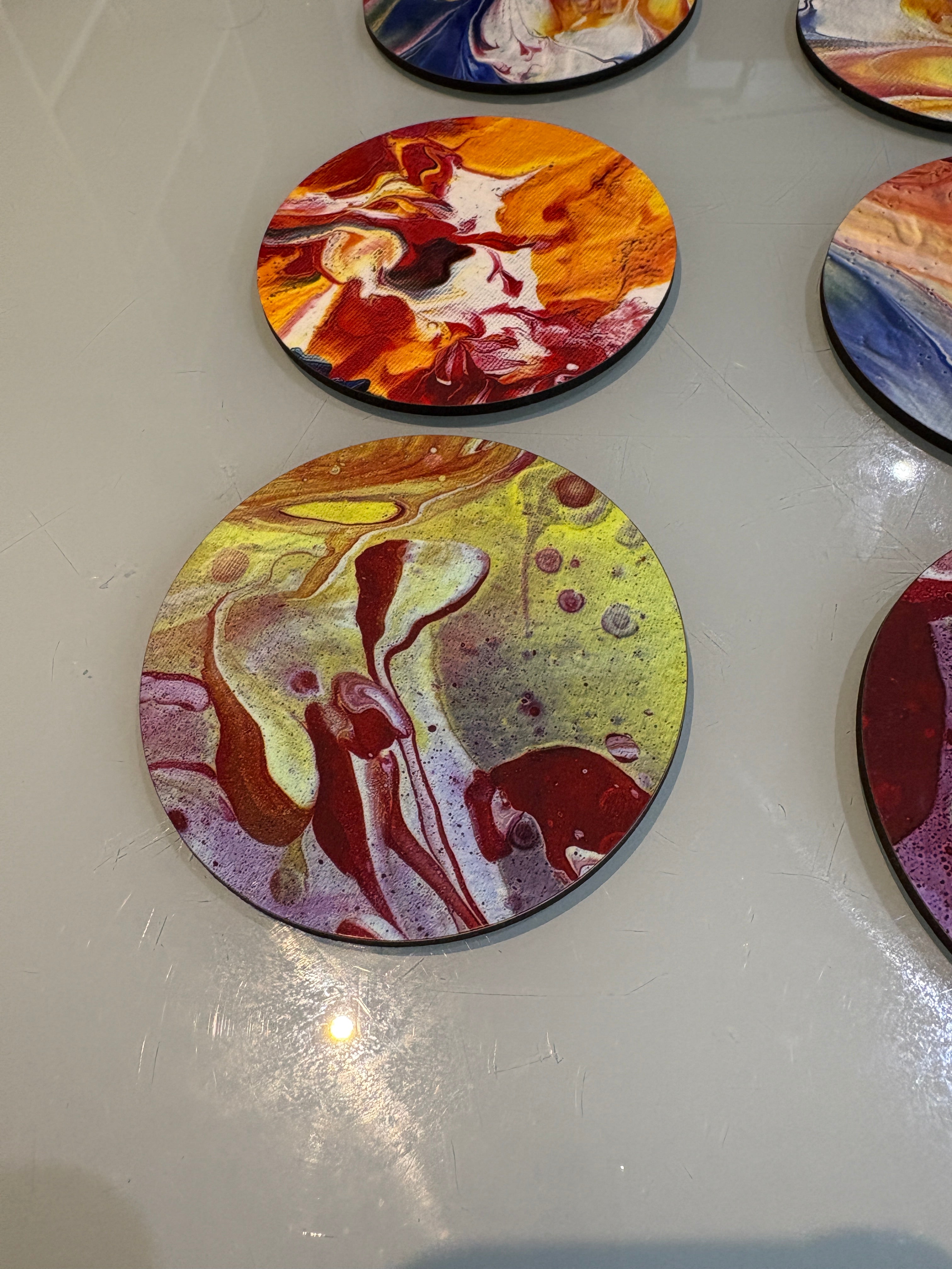 Set A of 6 Bright original design abstract Art drink coasters 10cm