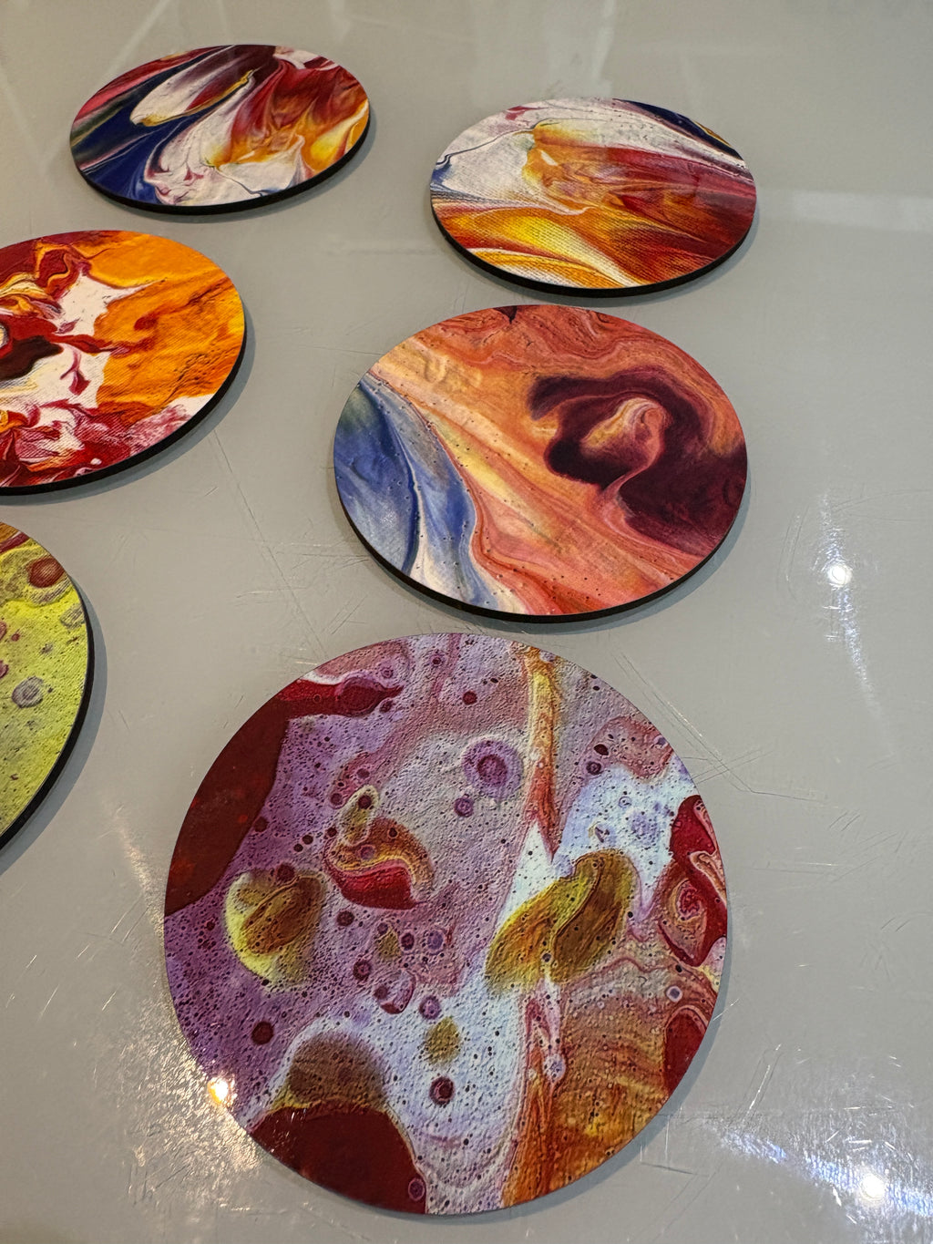 Set A of 6 Bright original design abstract Art drink coasters 10cm