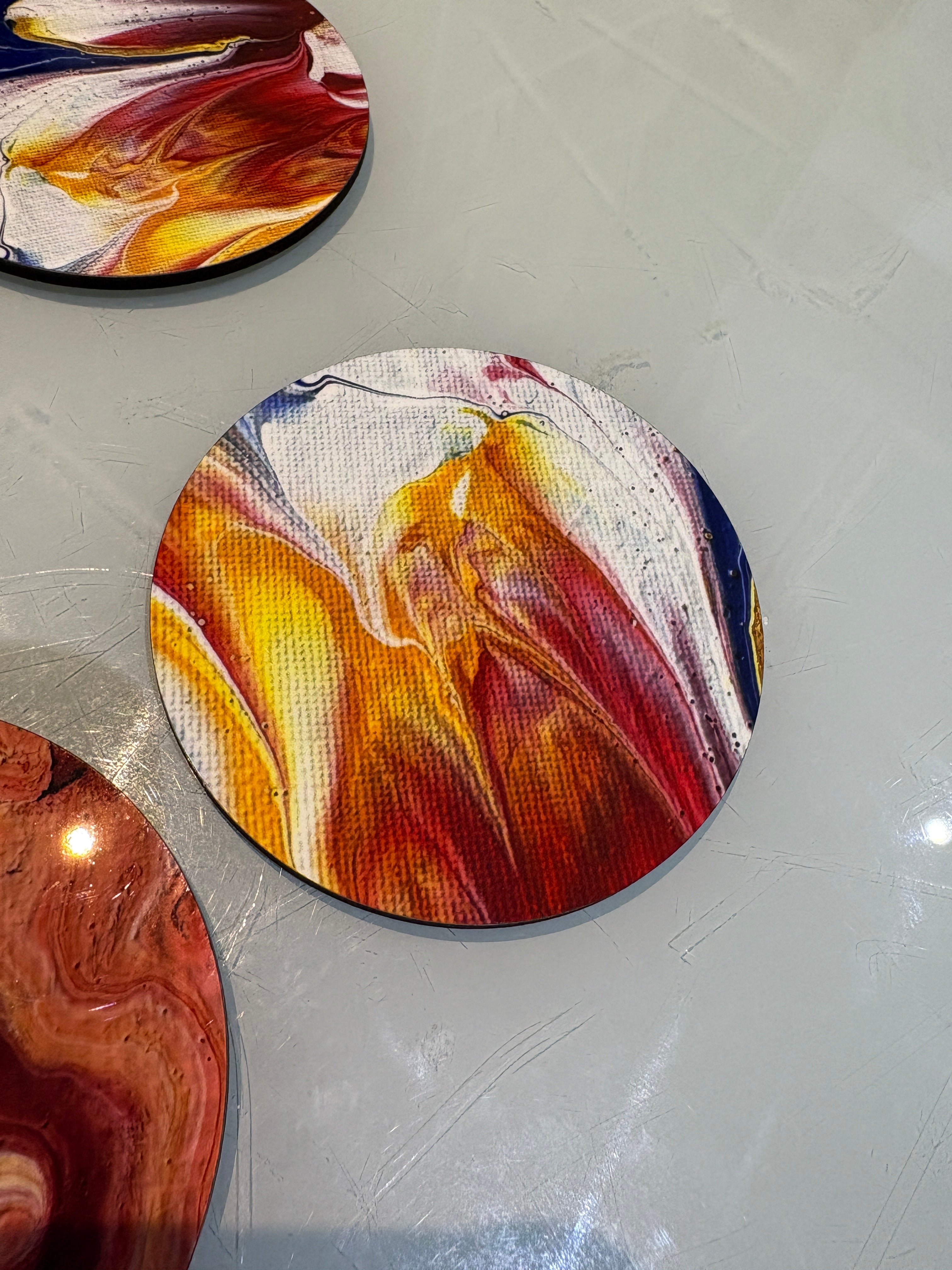 Set A of 6 Bright original design abstract Art drink coasters 10cm