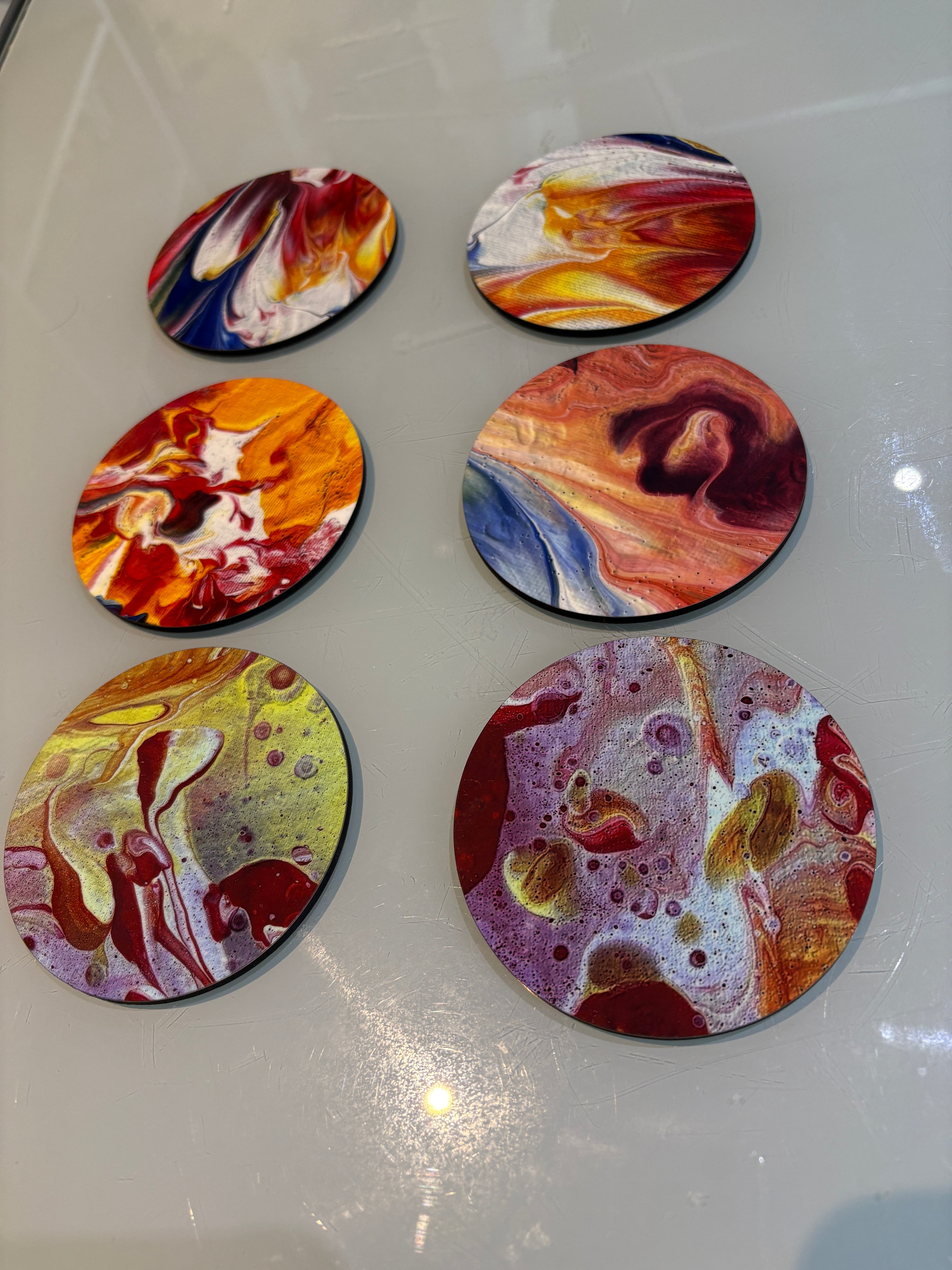 Set A of 6 Bright original design abstract Art drink coasters 10cm
